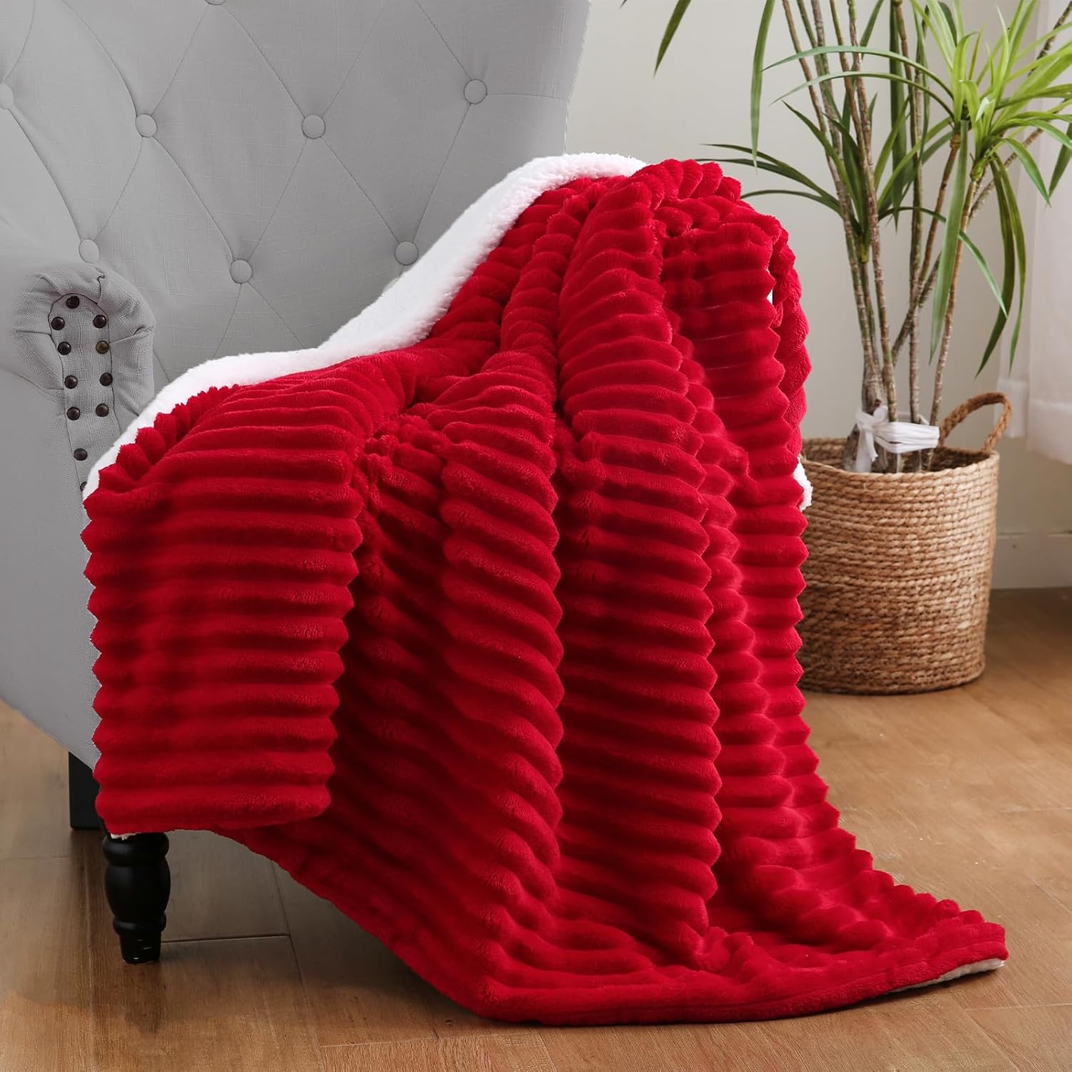Red Sherpa Fleece Throw Blanket 50”×60” for Couch Sofa Bed,Double Side Soft Fuzzy Cozy Plush Thick Flannel Blanket with Striped Design Gift for Adults,Woman,Girls 50×60inch Red