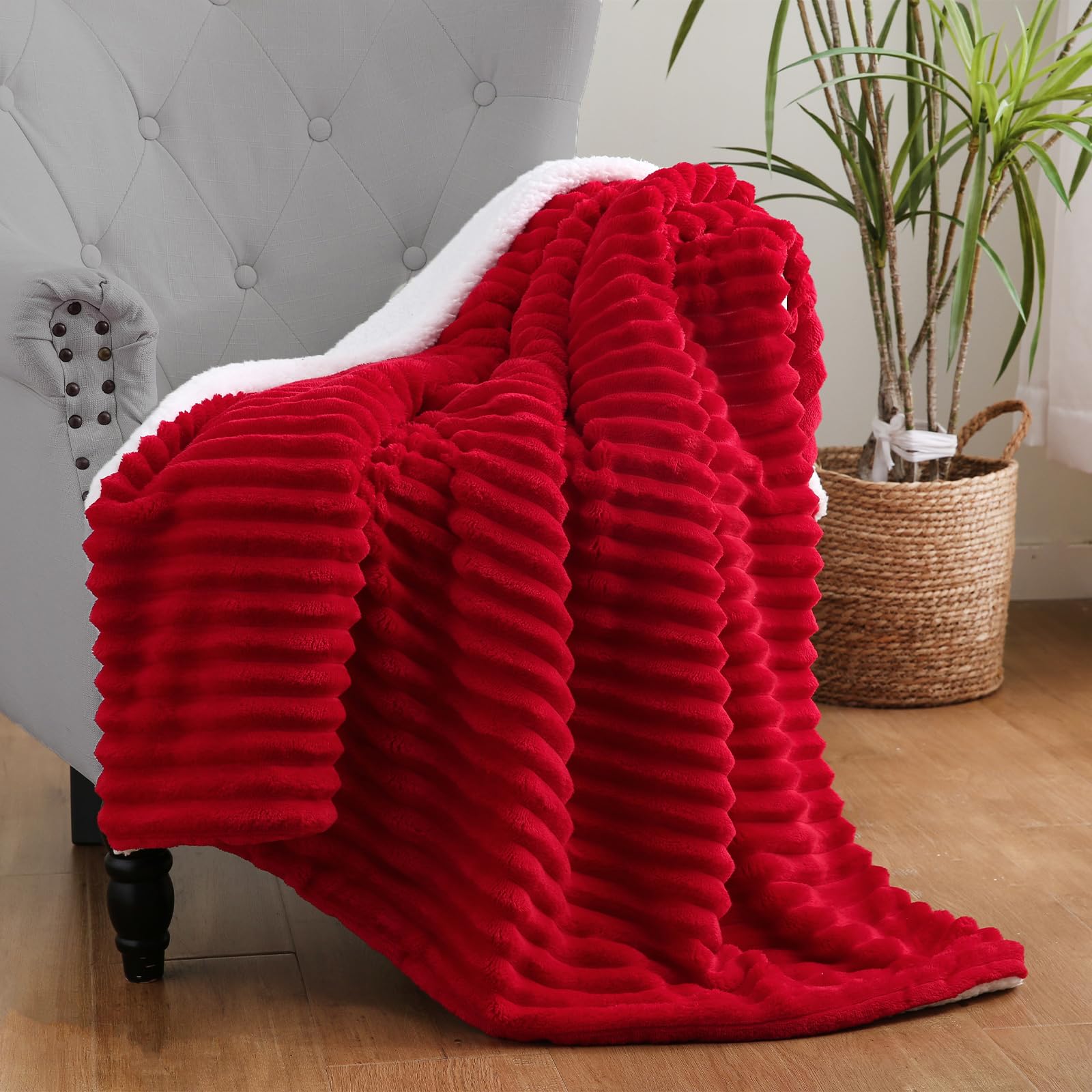 Linecooo Red Sherpa Fleece Throw Blanket 60”×80”for Couch Sofa Bed — image 1