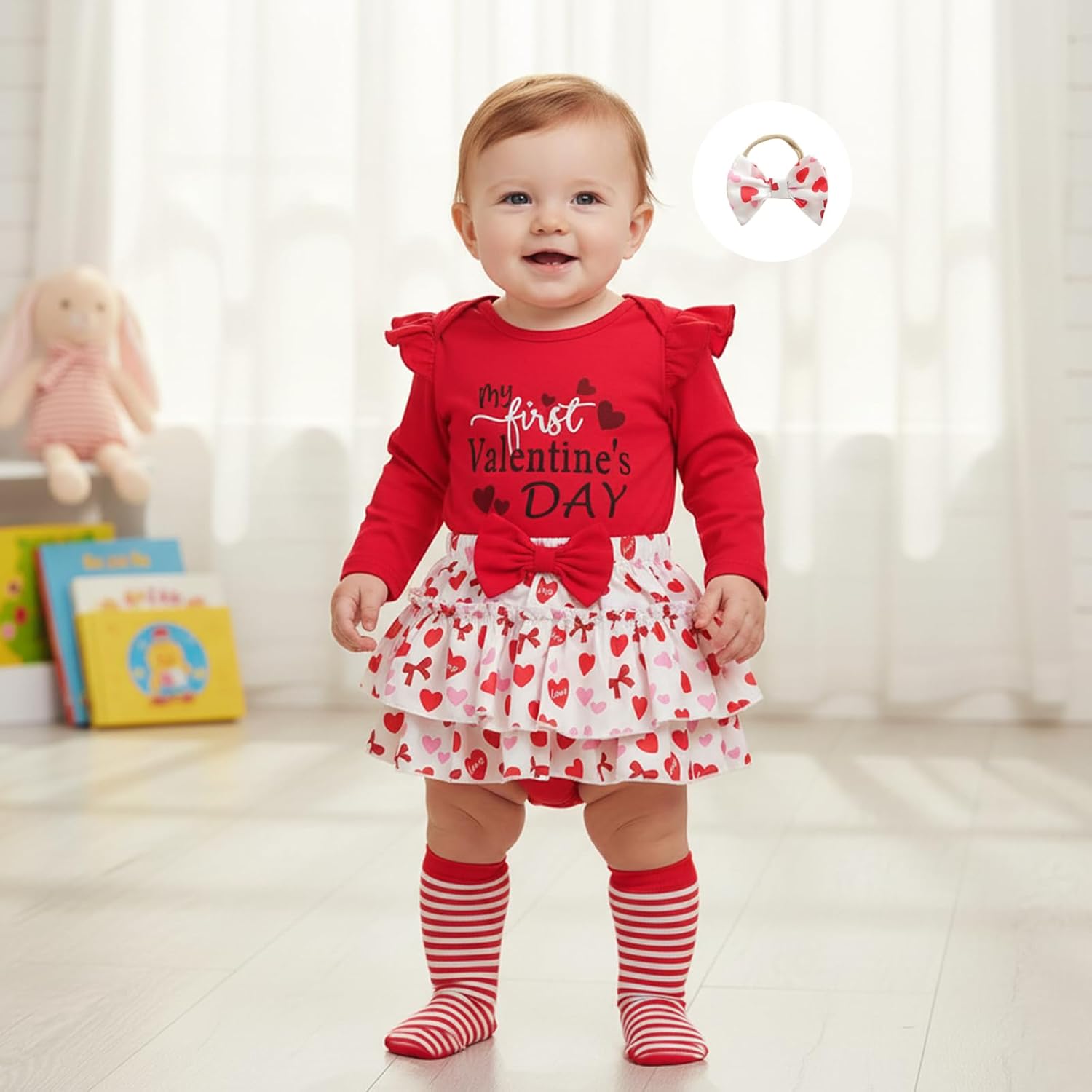 My First Valentines Day Baby Girl Outfit Newborn Long Sleeve Romper Heart Tutu Skirt Dress Cute 4pcs Spring Clothes