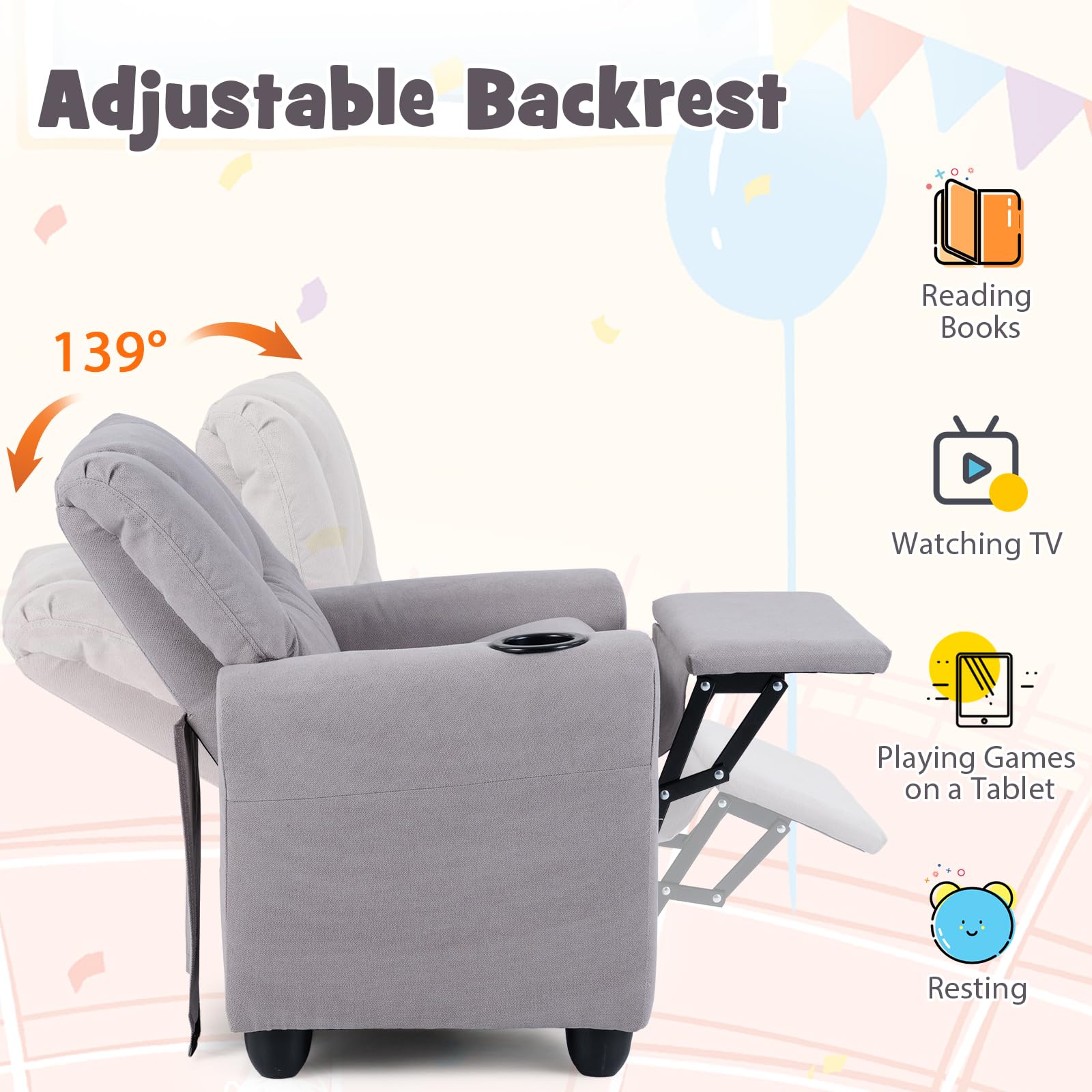 LIFEZEAL 2 en 1 Fauteuil Inclinable pour Enfants, Fauteuil pour 3 +Ans Garçons et Filles avec Repose-Pieds réglable et Porte-gobelet, Petit Canapé pour Chambres d'enfants, Salles de Jeux (Gris)
