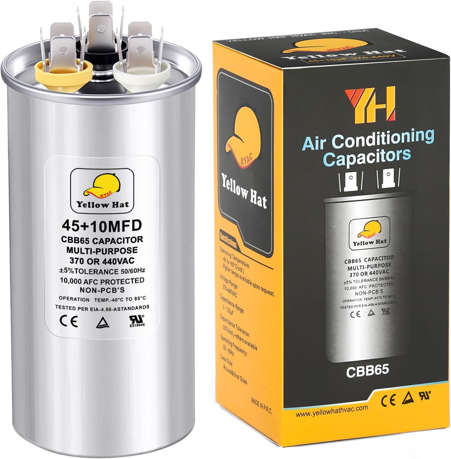 Capacitor for Air Conditioner 45+10 uf MFD 370 or 440 Volt VAC, Multi-Purpose Round Capacitor for AC Motor Run or Fan Motor Start or Condenser Straight