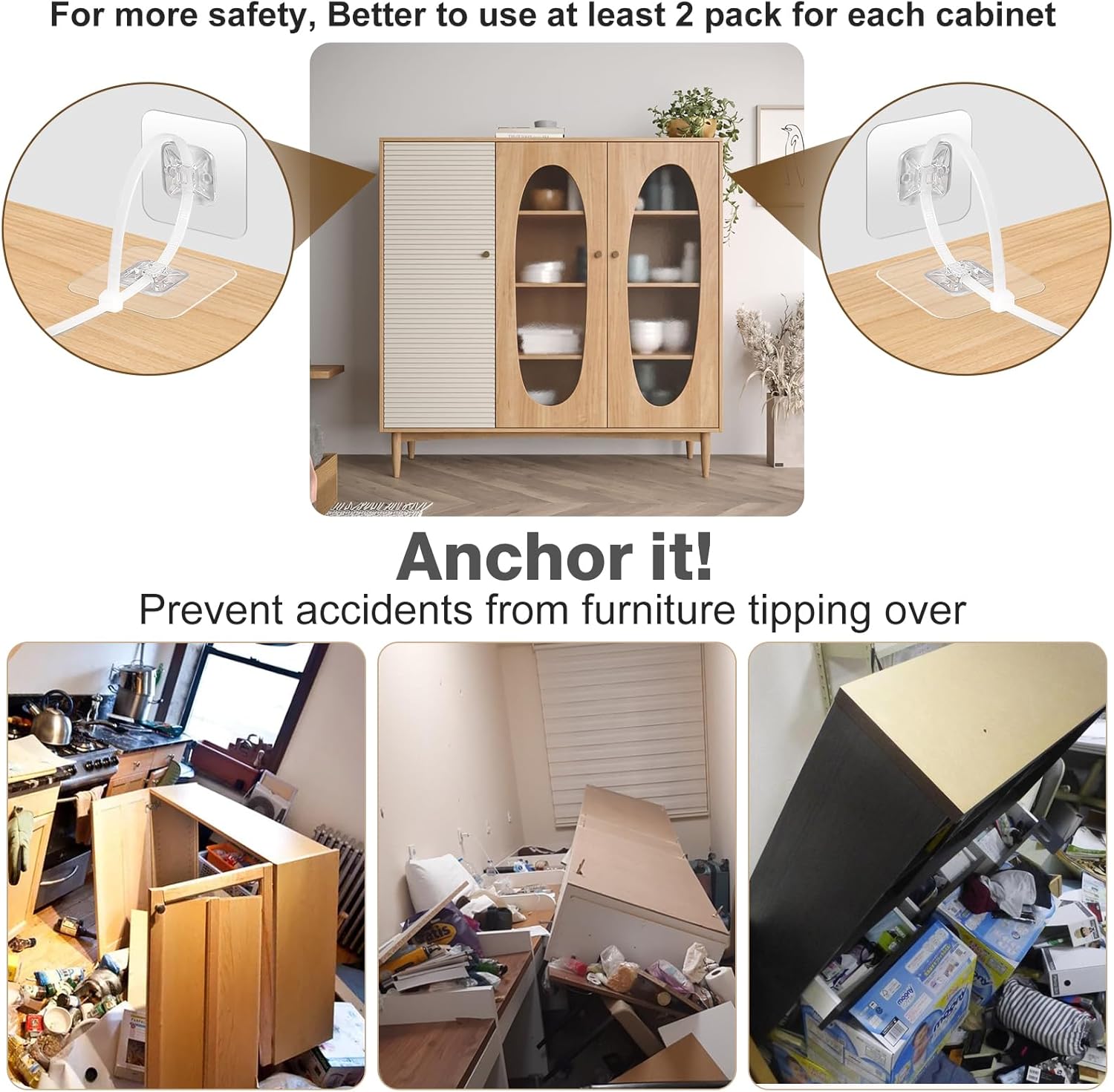 Furniture Anchors (30 Pack) No Drill for Baby Proofing, Furniture Wall Anchor Straps, Self-Adhesive Secure Cabinet Safety Wall Anchors, Anti Tip Furniture Safety Straps for Child Safety