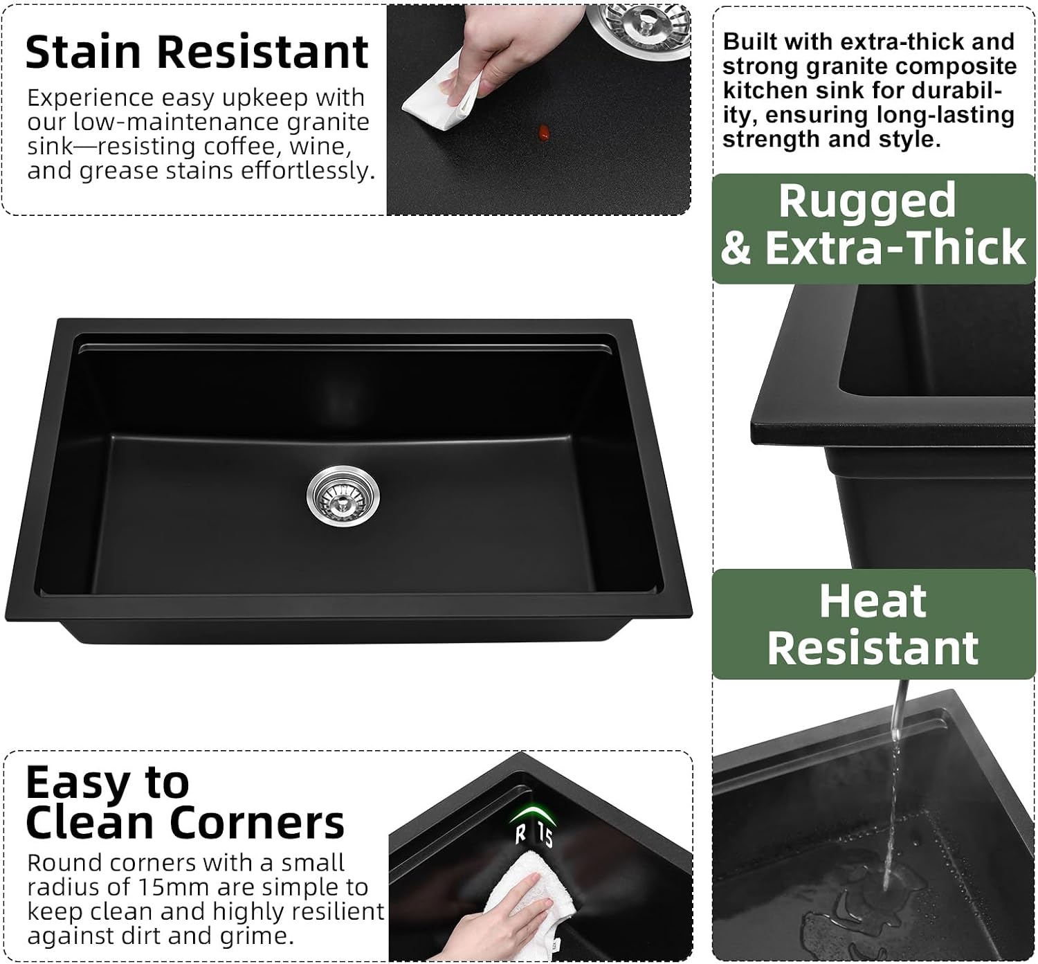 Davivy 33 Inch Black Granite Kitchen Sink Workstation, 33 x 19 Black Undermount Kitchen Sink, Dual Mount Installation, Deep Quartz Composite Single Bowl with Accessories