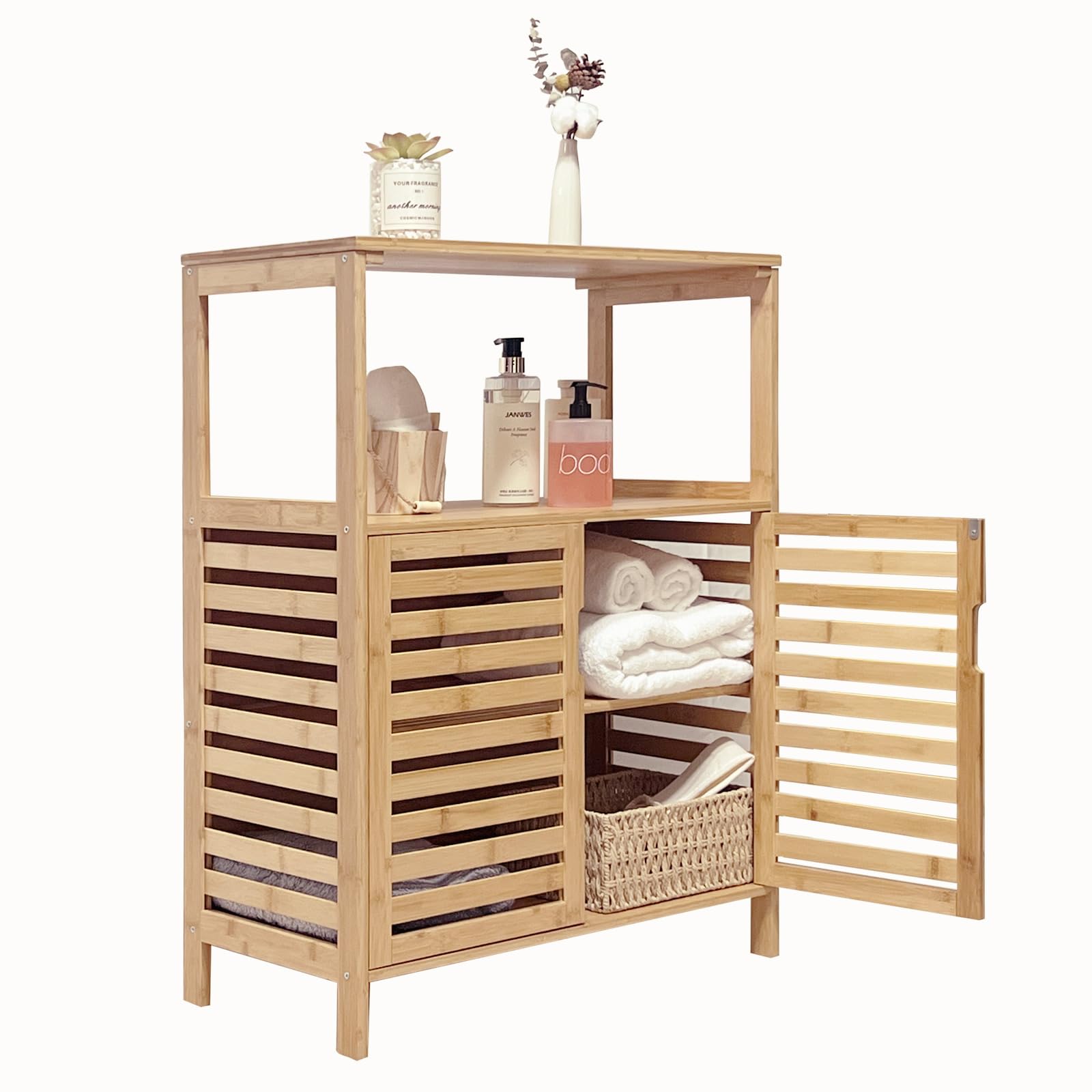 WAOHO badezimmerschränke aus Bambus,Badezimmer Regal,Sideboard Wohnzimmer, Sideboard, Bad Regal stehend,Küchenschrank, Badezimmer Schrank,Bad Regal stehend 65X87X33cm Küche, Haushalt & Wohnen