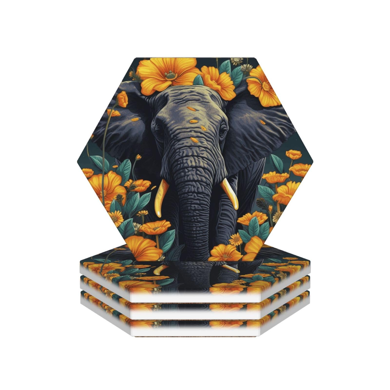 Drink Coasters Set of 4 Coffee Ceramic Coaster Elephant and Sunflower Coasters for Drinks Coffee Cup Mat Heat Resistant Tabletop Protection Coaster Desk Accessorie Home Decorative