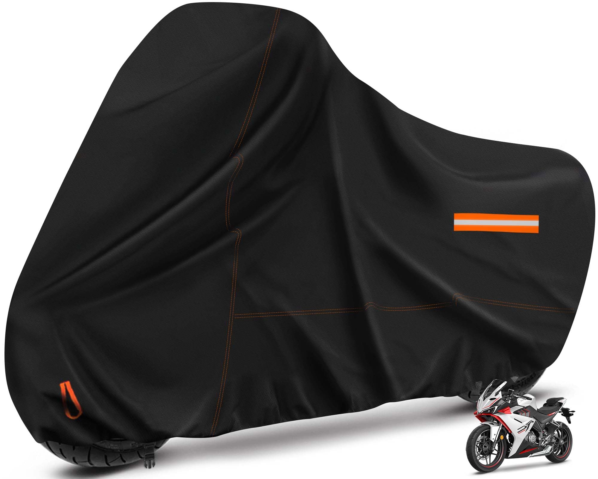 Enzeno Motorcycle Cover Waterproof Motorcycle Rain Tarp Outdoor Storage | Windproof Motorcycle Tarp All Weather Rain UV Protection with Lock-Holes Night Reflective Strips Fits up to 96.5"