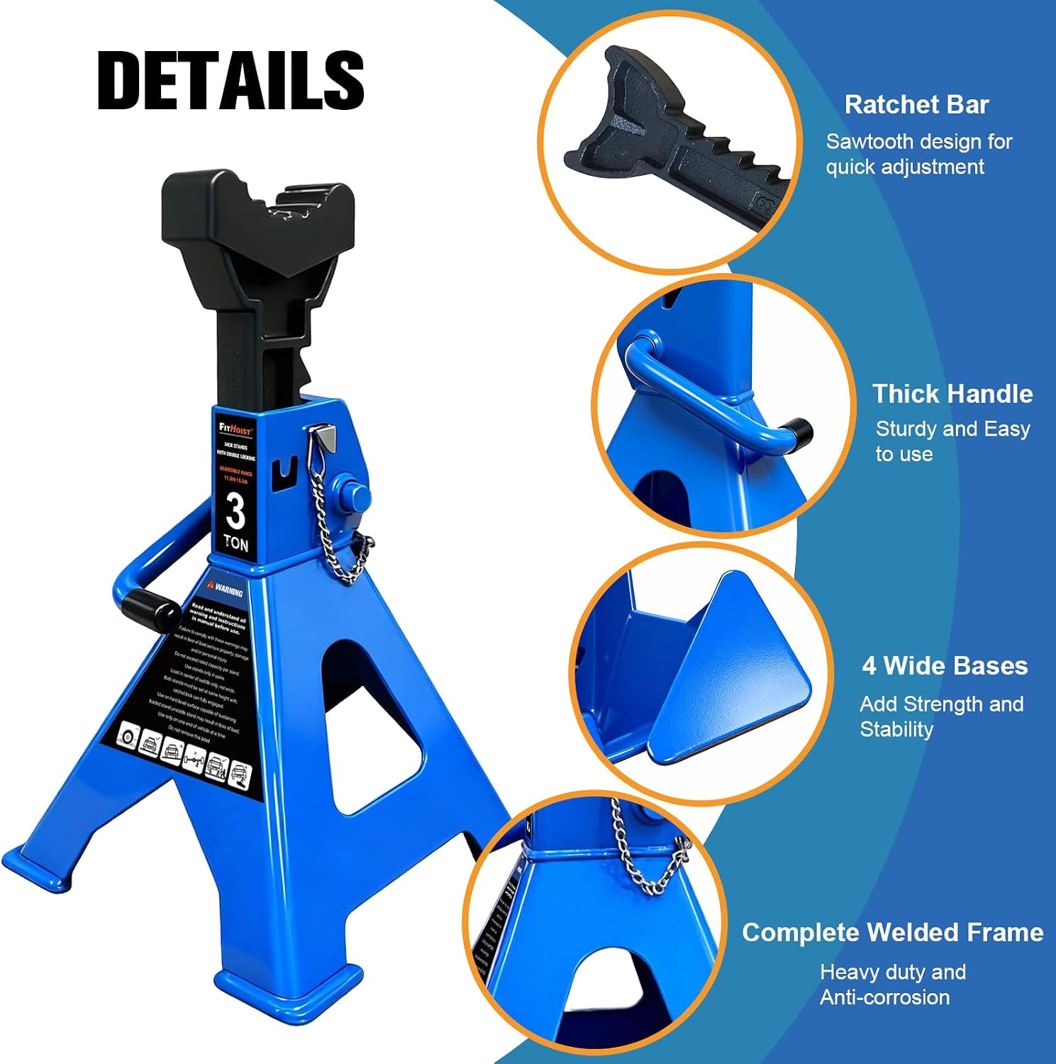 3 Ton Jack Stands Heavy Duty 6,600 LBs, Car Jack Stand for Trucks with Double Pin Locking & Extra Rubber Pads, 11.3"-16.5" Adjustable for Garage, Home,DIY Vehicle Lifting, 1 Pair Blue