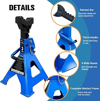 3 Ton Jack Stands Heavy Duty 6,600 LBs, Car Jack Stand for Trucks with Double Pin Locking & Extra Rubber Pads, 11.3-16.5 Adjustable for Garage, Home,DIY Vehicle Lifting, 1 Pair Blue