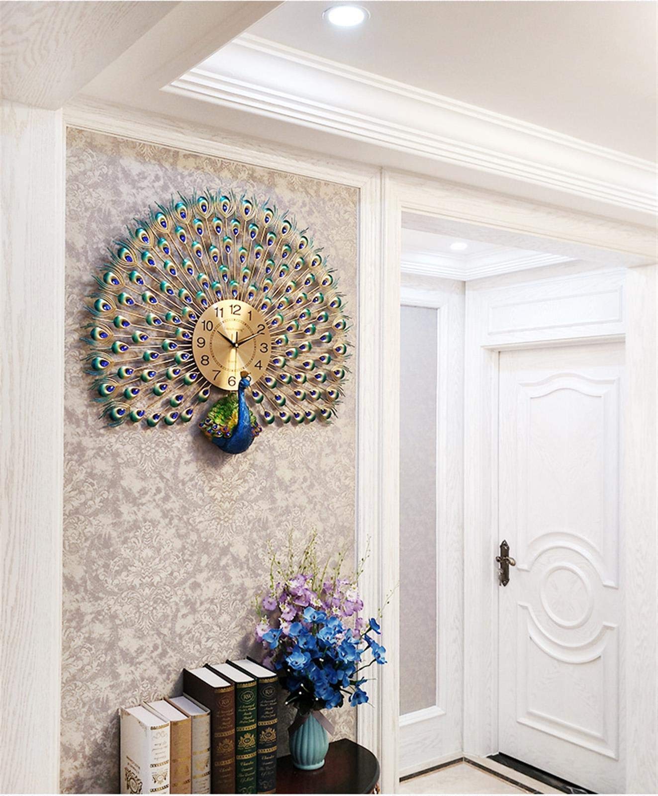 Horloge murale paon créative au style européen raffiné, grand format pour maison