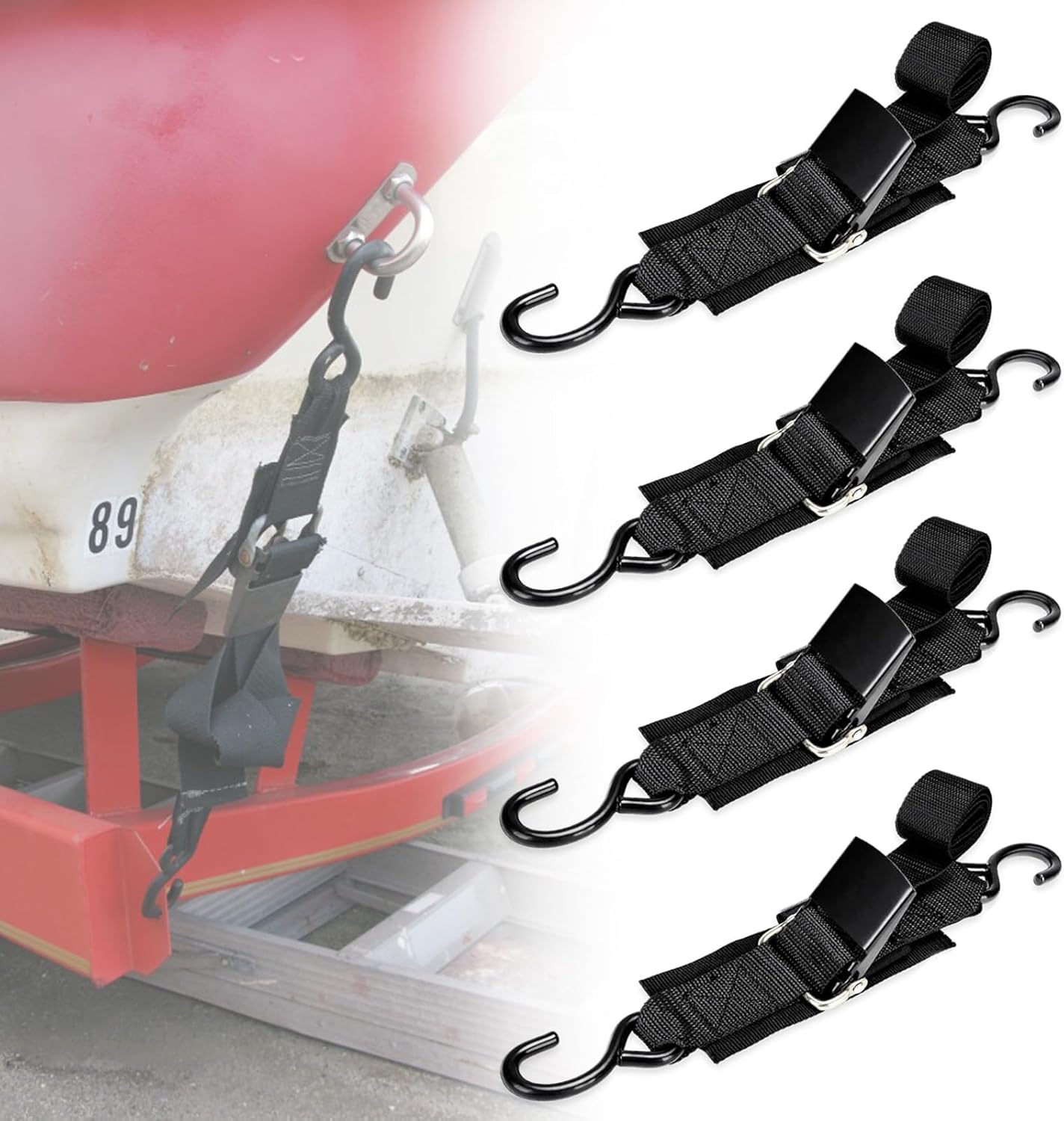 Boat Trailer Tie Downs Strap, 4ft Heavy Duty Transom Adjustable Quick Release Buckle Anti-Scratch Hooks for Pontoon Jet ski Pontoon Marine Rowing Boat Kayak (4 PCS)
