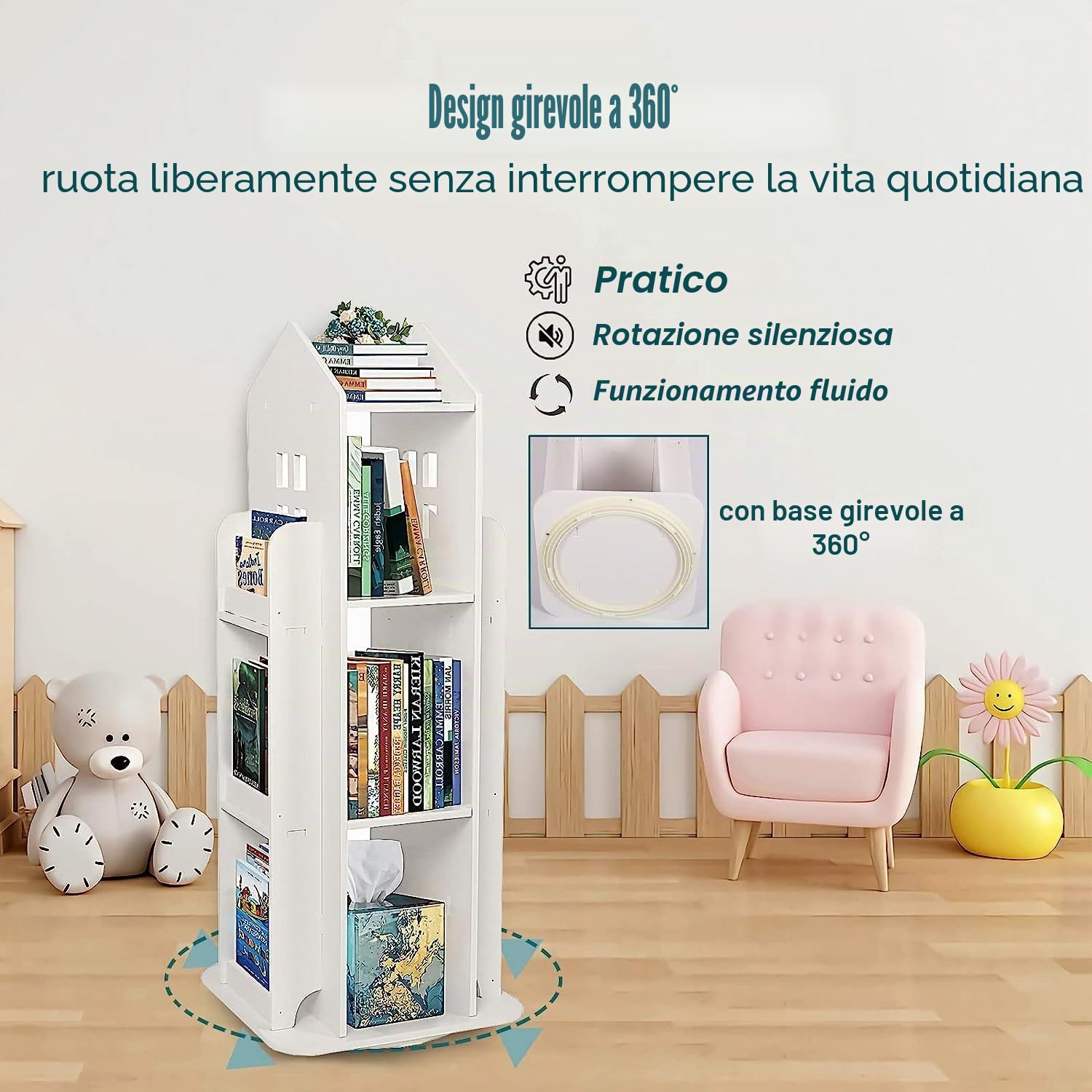 uyoyous Libreria girevole a 3 livelli, scaffale per libri per bambini, girevole a 360°, organizzatore per bambini, visualizzazione a pavimento, scaffale per stanza, bianco (37 x 16 x 16 cm), DEW10