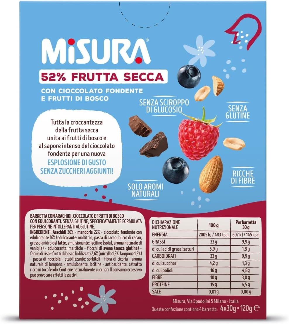 Misura Barretta con Frutta Secca, Cioccolato Fondente e Frutti di Bosco | Senza Zuccheri Aggiunti | Packaging esterno in Carta Certificata FSC| Confezione da 120 grammi Cereali, Frutta secca, Cioccolato fondente e Frutti di Bosco - Immagine 2