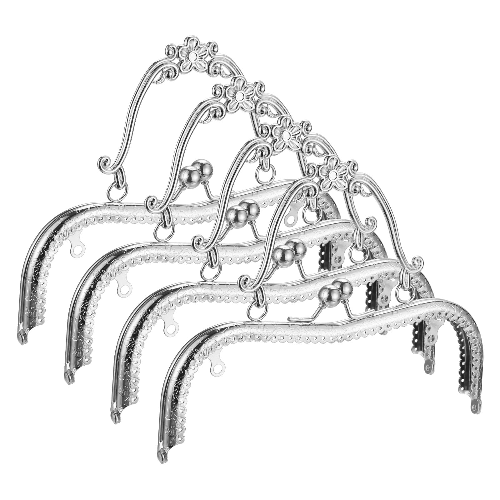 sourcing map Metal Purse Frames - 8.07" 4Pcs Kiss Lock Clasp Frame Embossed Clutch Frame with Handle for Coin Purse Sewing Bag Making DIY Craft, Silver Tone