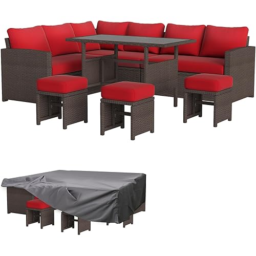 AECOJOY 7 Pieces Patio Furniture with Cover, Wicker Rattan Outdoor Set Clearance with Dining Table&Chair, Wine Red