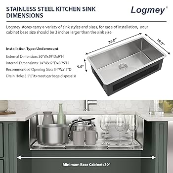 Logmey 36 Inch Undermount Kitchen Sink - 36x19 304 Stainless