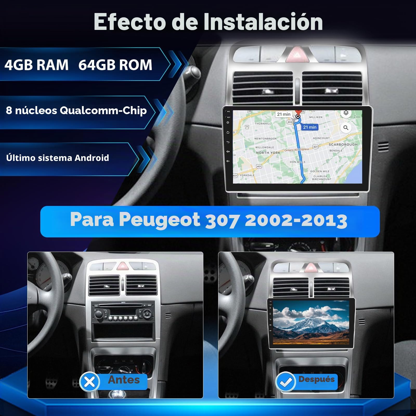 8 Núcleos 4+64 GB Radio Android para Peugeot 307 2002–2013, Pantalla táctil 9″ 1280×720 IPS con CarPlay & Android Auto inalámbrico, GPS WiFi DSP 32EQ + cámara AHD y micrófono Externo