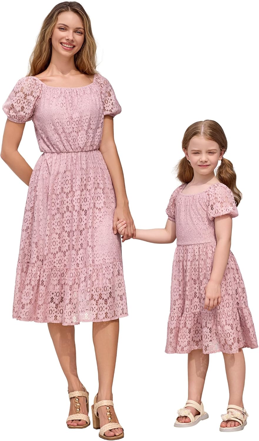 AWIBMK Mommy and Me Vintage Lace Dress Puff Sleeve Bow Tie Back A-line Mother Daughter Summer Casual Party Dresses - Image 2