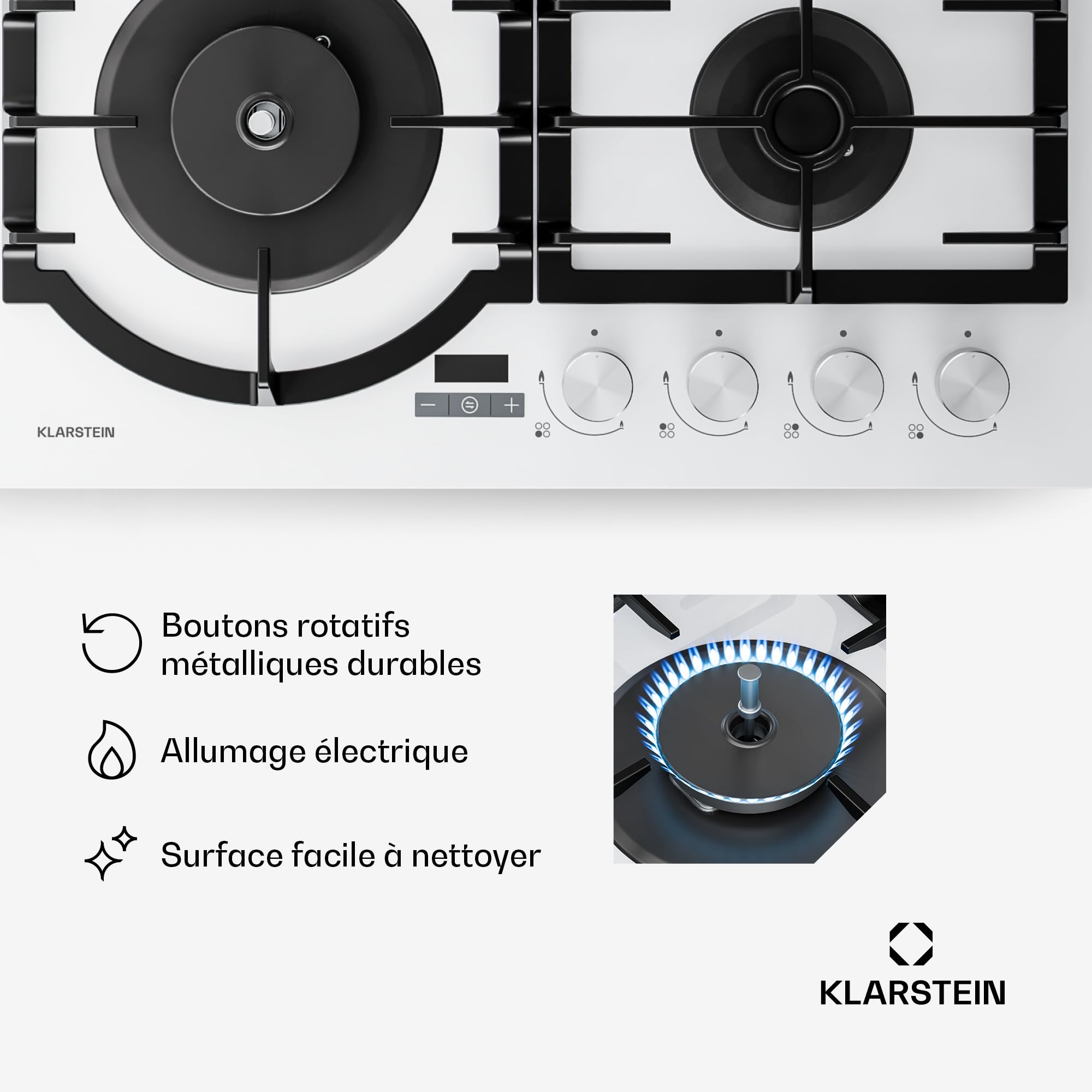Klarstein Ignito Plaque de Cuisson Gaz, 4 Brûleurs Aluminium, 8000W, Minuterie, Sécurité Flamme, Fonte, Allumage Électrique, 60x51cm, Plaque Gaz GPL & Naturel, Blanc