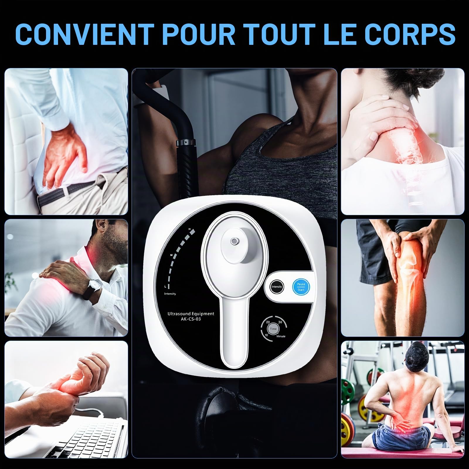Appareil de massage portable à ultrasons pour soulager les muscles et les articulations, 5 niveaux de réglage, appareil de massage de physiothérapie à ultrasons pour usage domestique (Blanc 03F)