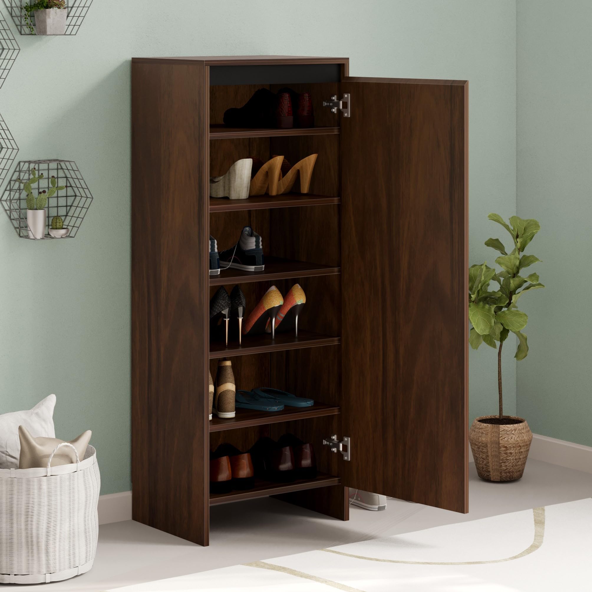 BLUEWUD Mavis Tall Wooden Shoe Rack, Storage File Cabinet Organizer, Slipper Footwear Stand for Living Room Home, Upto 12-14 Pairs DIY (Brown Maple) (45.7 x 34 x 121.5) CM-image-5