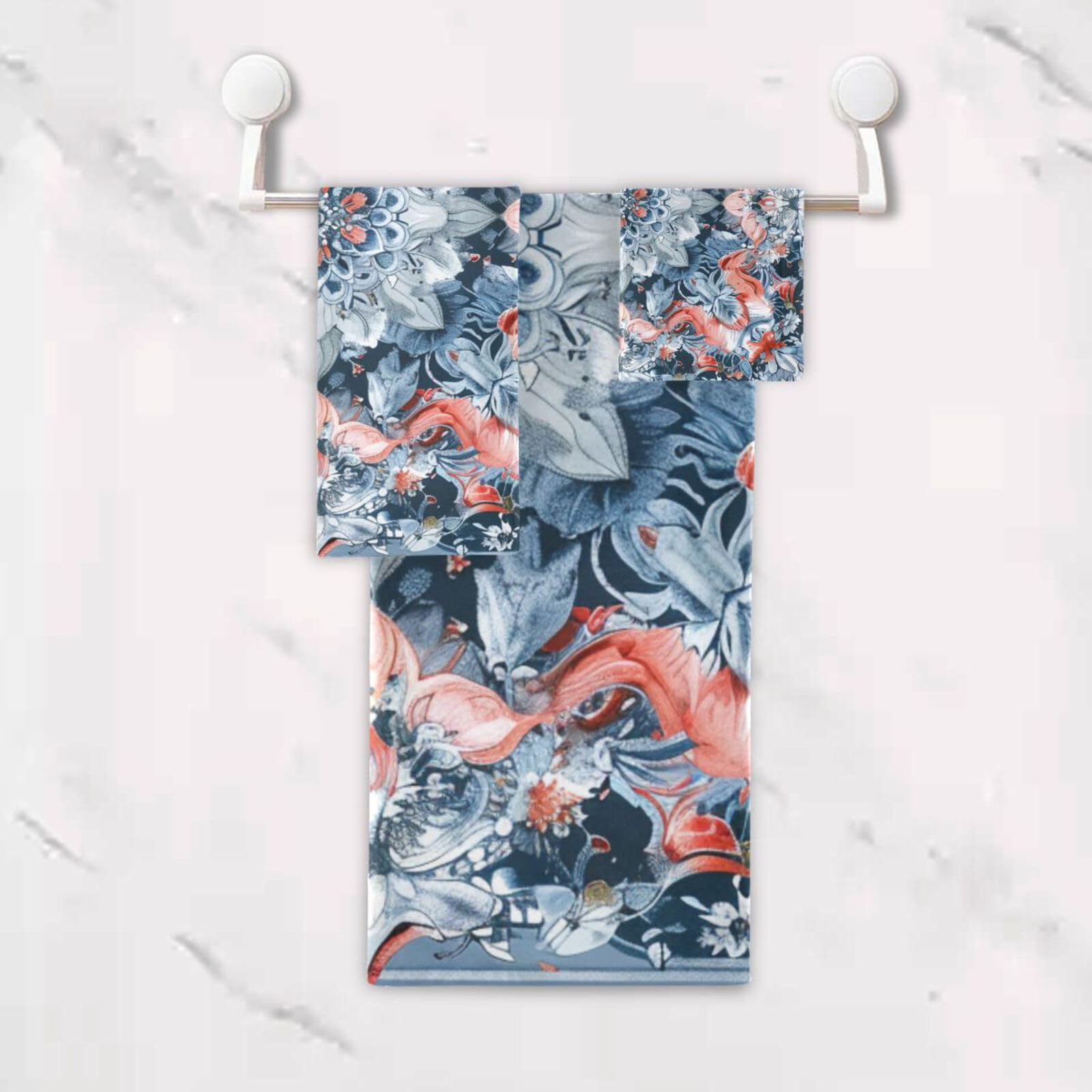 Set di 3 asciugamani decorativi per il viso in stile bohémien, motivo floreale, blu, 1 asciugamano da bagno, 1 asciugamano, 1 panno per la casa, cucina e famiglia