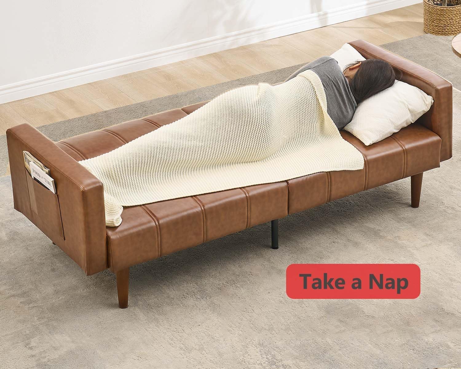 75" Convertible Futon Sofa Bed, Mid-Century Modern PU Leather Couch with Adjustable Backrest, Sleeper Loveseat with Side Pockets, Easy Assembly for Living Room & Guest Room (Brown)