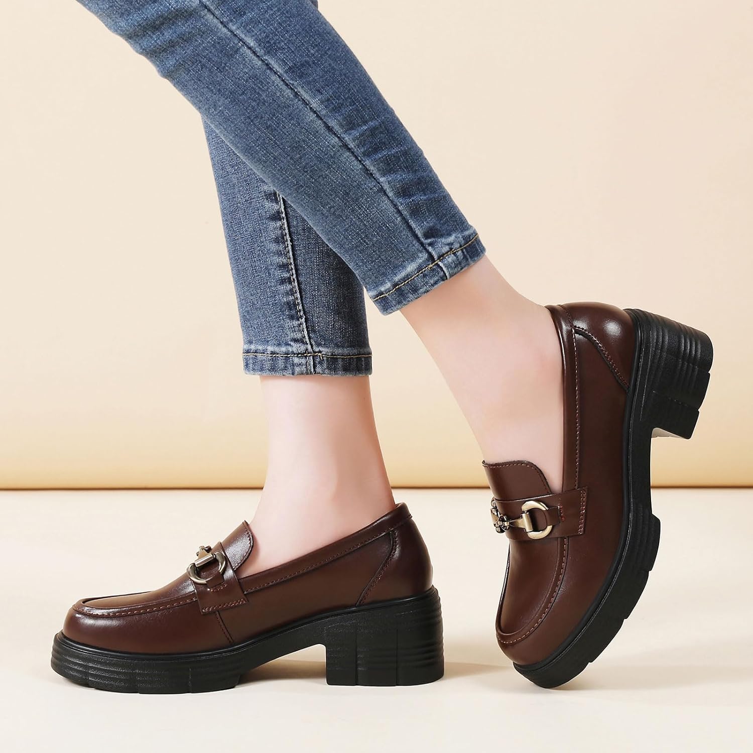 Loafers for Women Women's Penny Platform Chunky Loafers Slip-Ons with Gold Buckle Comfortable Business Casual Dress Office Work Shoes for Ladies - Image 2