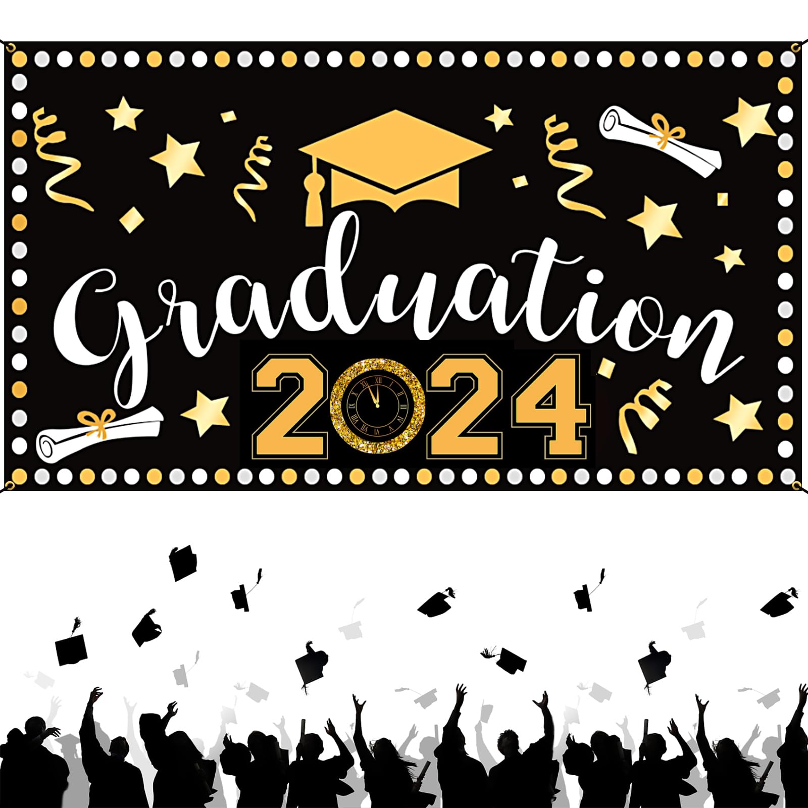 Kit Decorazioni Laurea 2024/2025 – Striscione CONGRATS GRAD, Festoni, Pompon, Centrotavola E 18 Palloncini (oro)