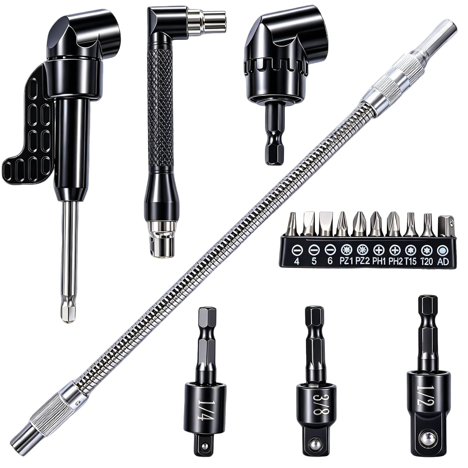 17 Pcs Flexible Drill Bit Extension Kit for Tight Space | Soft flexible shaft, 105° & 90° angle attachment, socket & bit adapters; ideal for cramped hard-to-reach screw & drill work