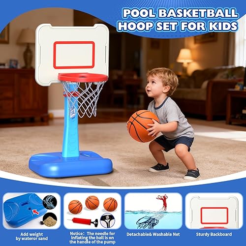 Miniatura 5 de Aro de baloncesto para niños pequeños, aro de baloncesto de altura ajustable junto a la piscina