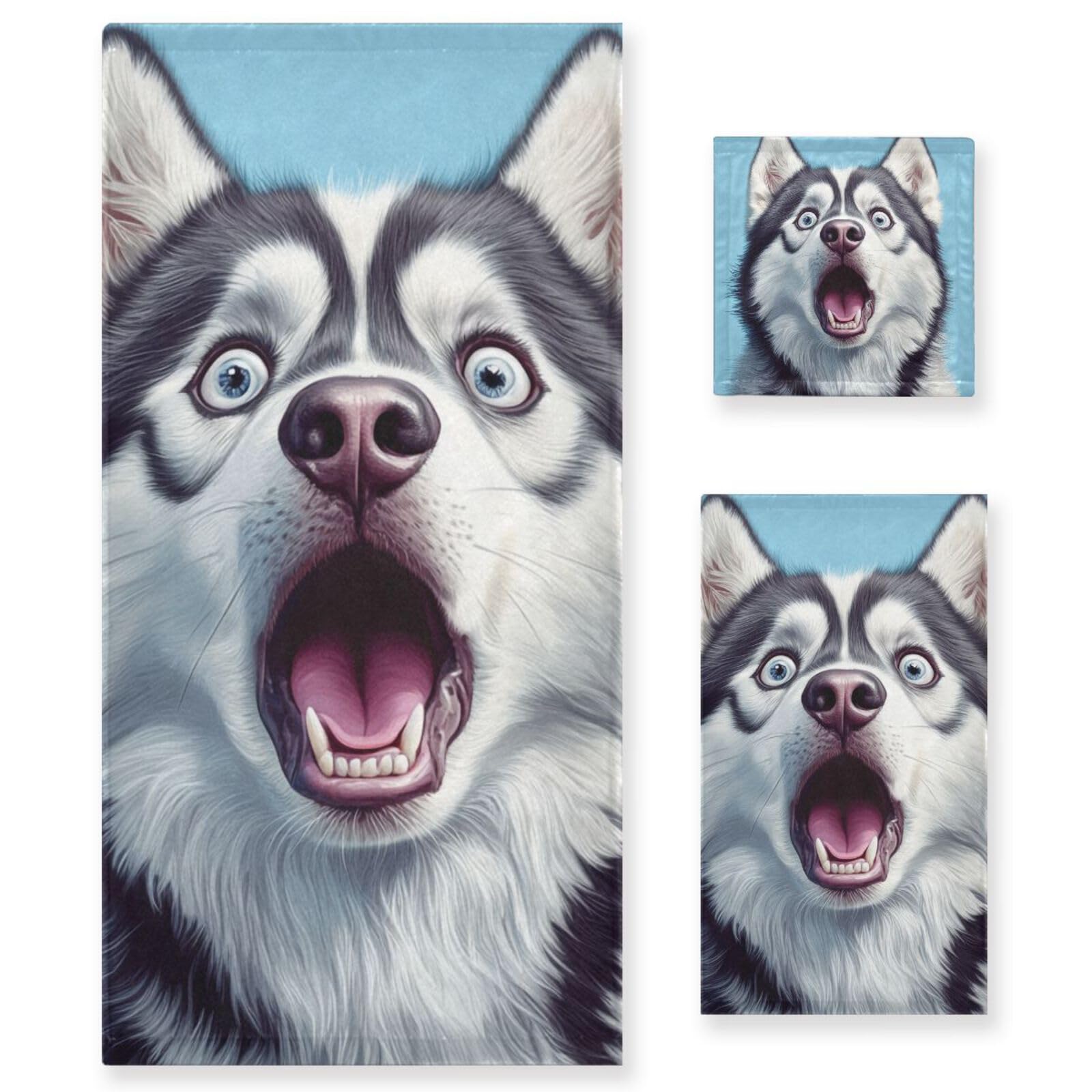 Cartoon Funny Sibirian Husky Dogs Fear Cleaning Face Towels Set, 3-teilig, 1 Badetuch, 1 Handtuch, 1 Waschlappen für Strand, Haare, Gesicht, Fitnessstudio, Schwimmen, Küche