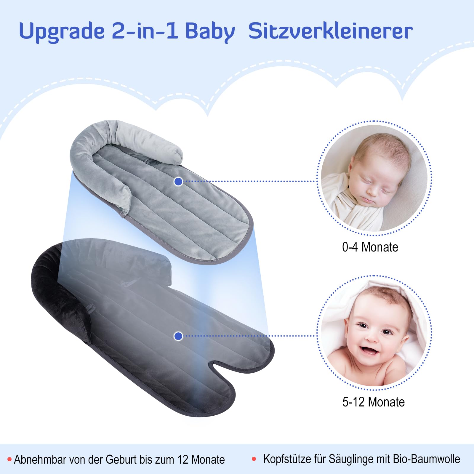 INFANZIA Riduttore per seggiolino 2 in 1, universale, per tutti i passeggini, per neonati, poggiatesta per ovetto e seggiolini auto, ideale per tutte le stagioni, 51 x 30 cm, nero