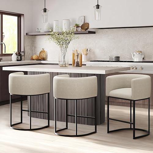 Counter Height Bar Stools Set of 3, 24 Inch Seat Height Barstools for Dining Room, Fabric Upholstered Bar Chair for Kitchen Island, Counter Stools with Metal Legs, Beige
