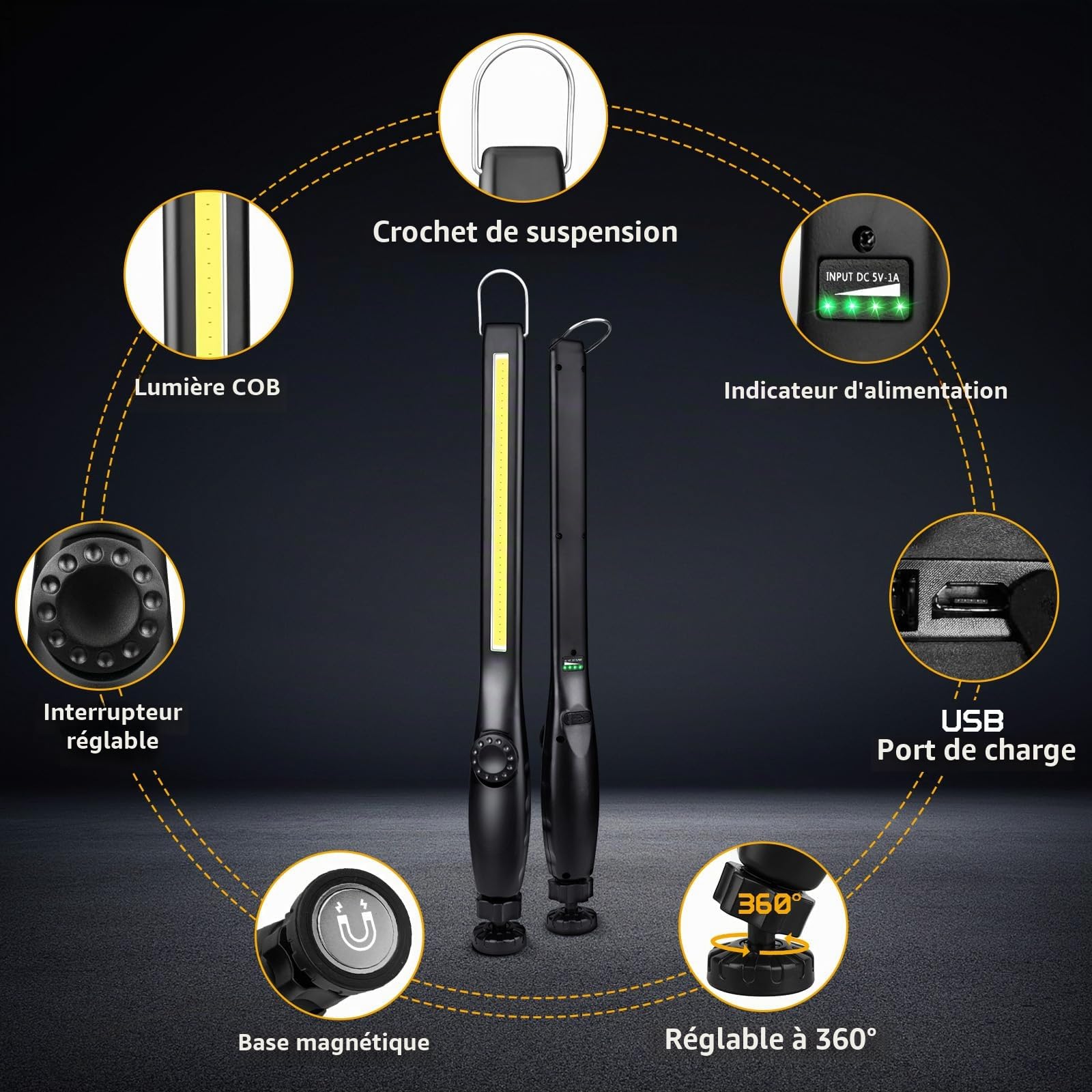 highsam Baladeuse Led Mecanicien, Lampe de Travail Rechargeable, COB Lampe Atelier Dimmable, Lampe de Poche LED pour Voiture, Garage, Camping (3 Pièces)