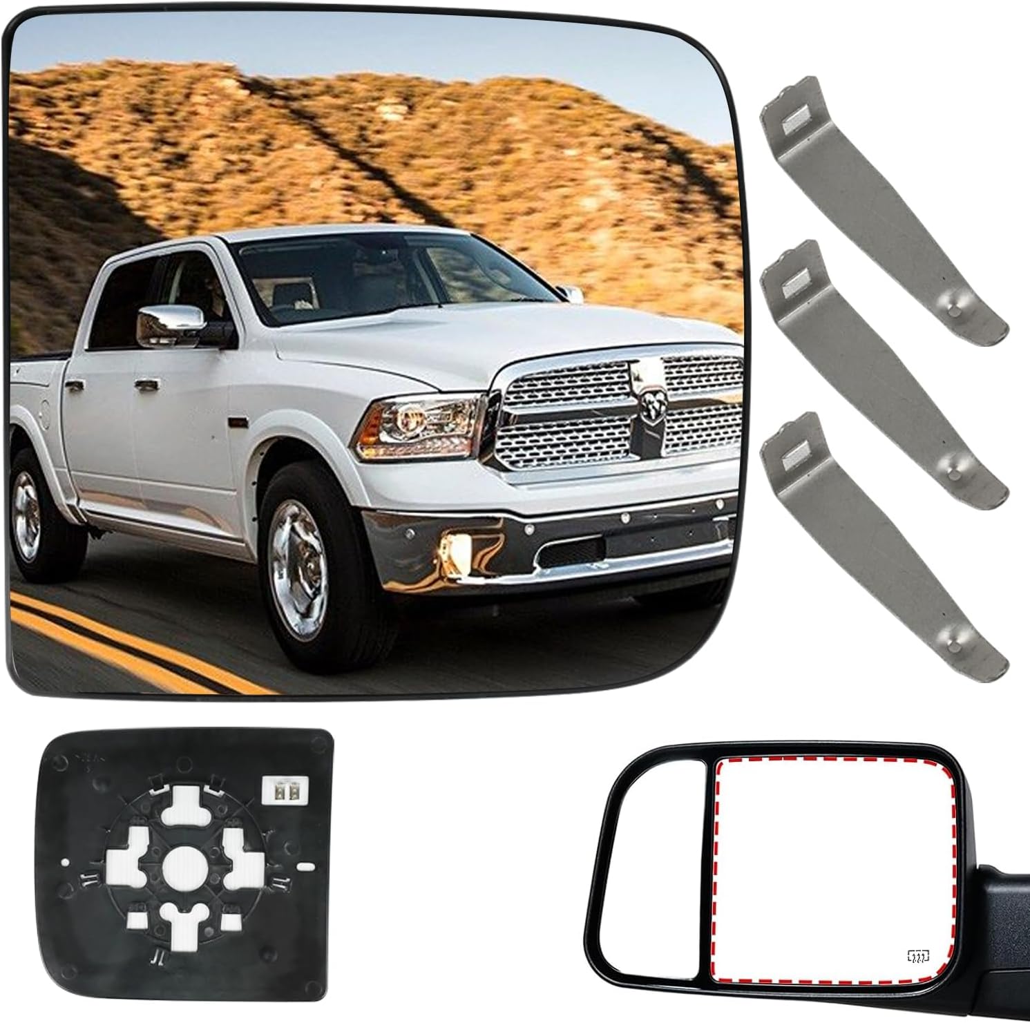 Driver Left Side Mirror Glass Replacement, 3-Tab Backplate ONLY, Compatible with Dodge/Ram 2010-2020 1500 2500 3500 (Not for 4-Tab), Heated Convex Left Side 68067729AA 68067727AA