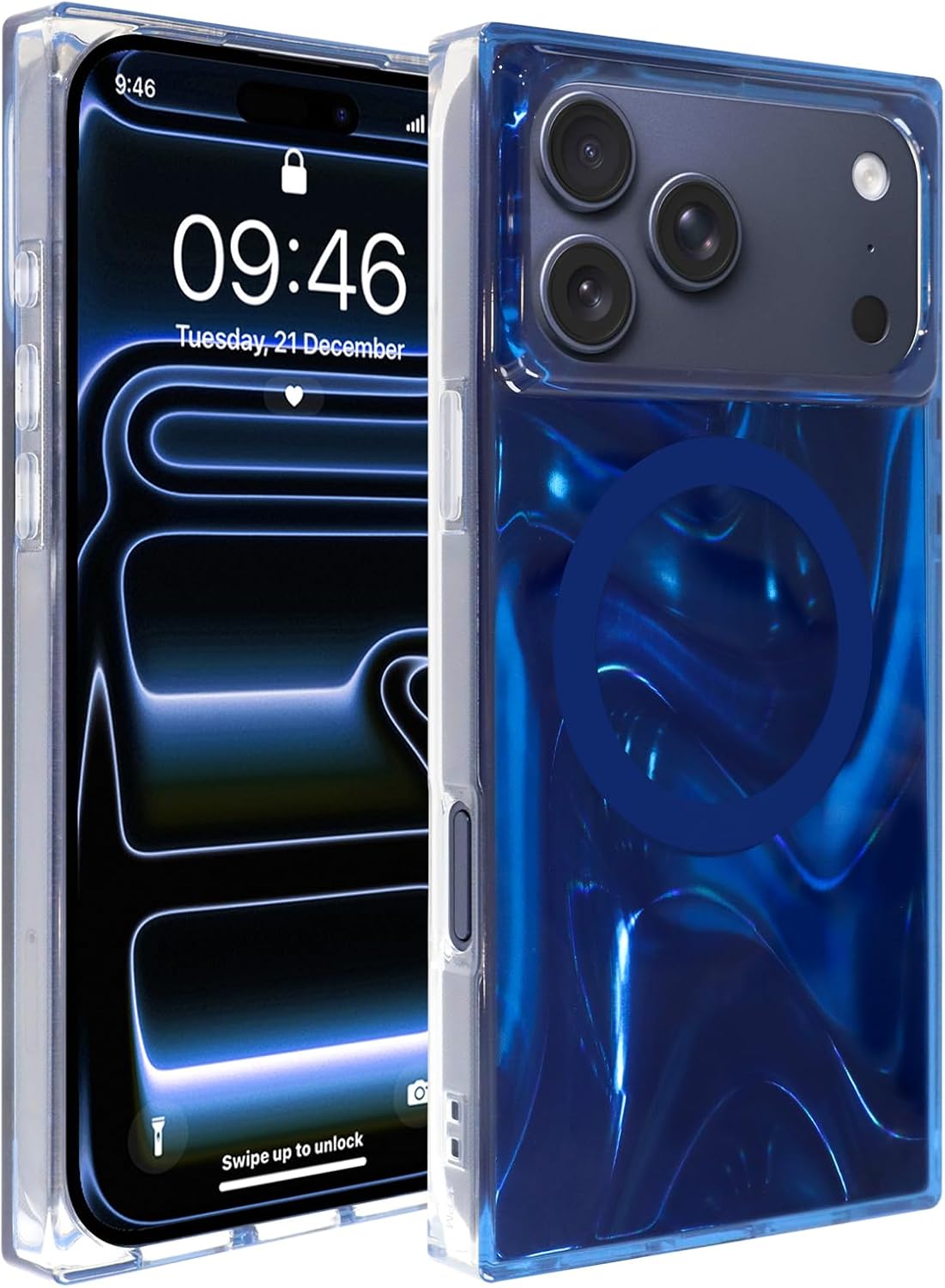 AIGOMARA Magnetic Rectangle for iPhone 17 Pro Max Case, Compatible with Magsafe, Luxury Glitter Sparkle Wave Water Ripples for Women Girls, Stylish Glossy Protective Shockproof Phone Cover, Blue