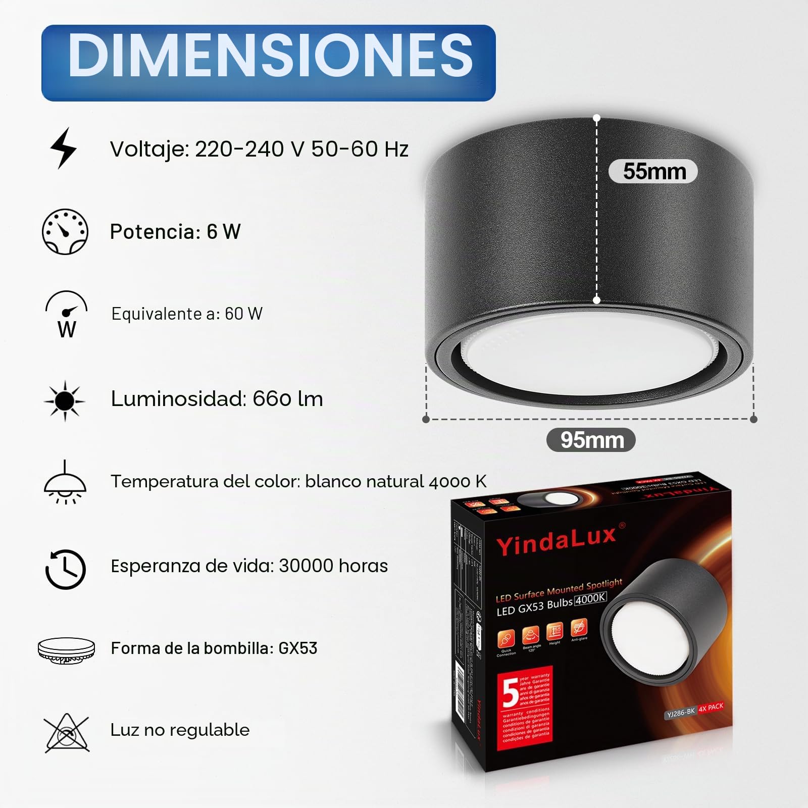 YindaLux Focos LED Superficie Negro extra flaco 220-240V Ø95x55mm Focos LED Techo incl. Bombilla GX53 6W Blanco neutro 4000K 660LM Foco de techo para montaje en superficie con gran superficie luminosa