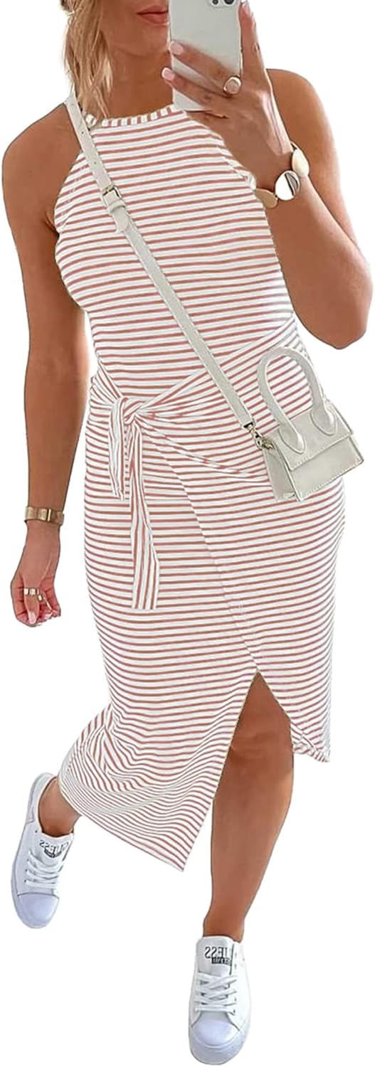 NOLLSOM Women Casual Sleeveless Striped Tank Midi Dresses Halter Neck Ruched Bodycon Dresses Tie Waist T Shirt Summer Dress