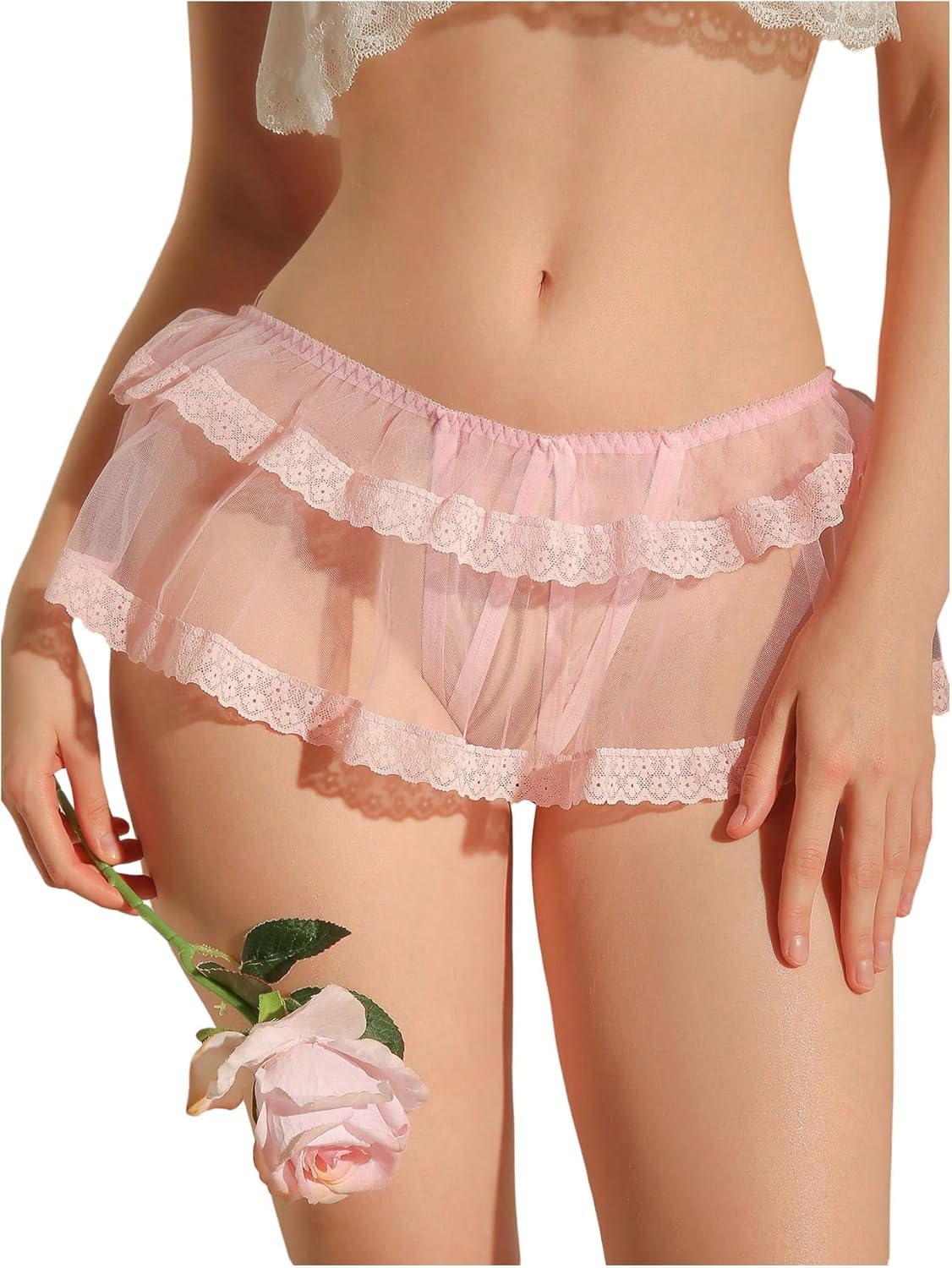 SweatyRocks Women's Lace Thong Underwear Cut Out Bow Ruffled Panties