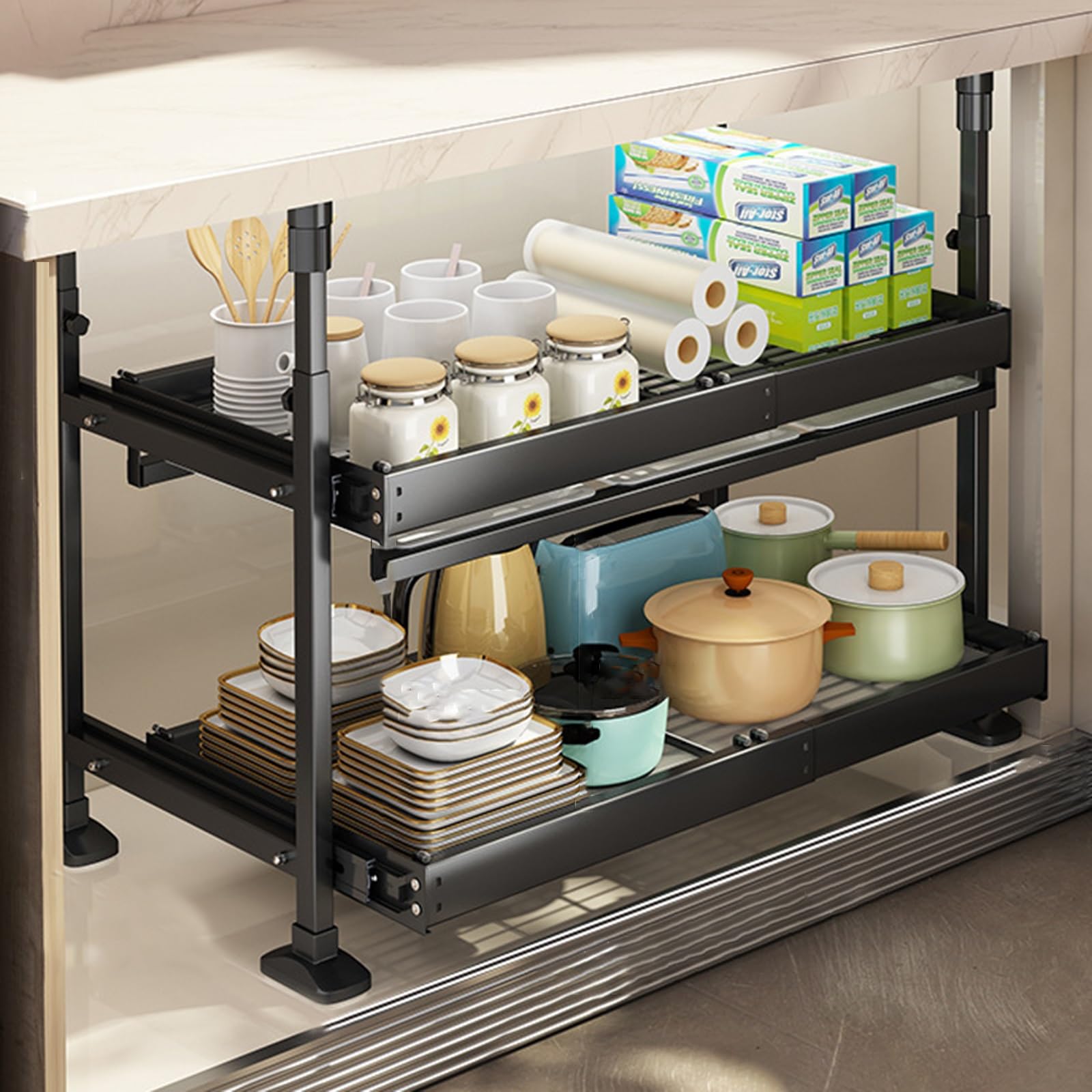 DFGHNBVC Adjustable Metal Spice Rack Under Sink Shelf Nizer With 3 Section Extension Rail Freestanding Storage Shelves For Kitchen Cabinet,Black-Small