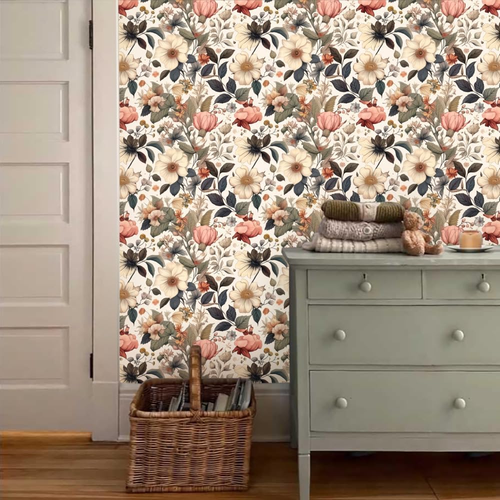 Dreamy Pink/White Peonies Floral Vintage Roses Garden Peel and Stick Wallpaper Easy Peel Off Contact Paper Stick on Adhesive Wall Paper for Bathroom Waterproof Renter Friendly