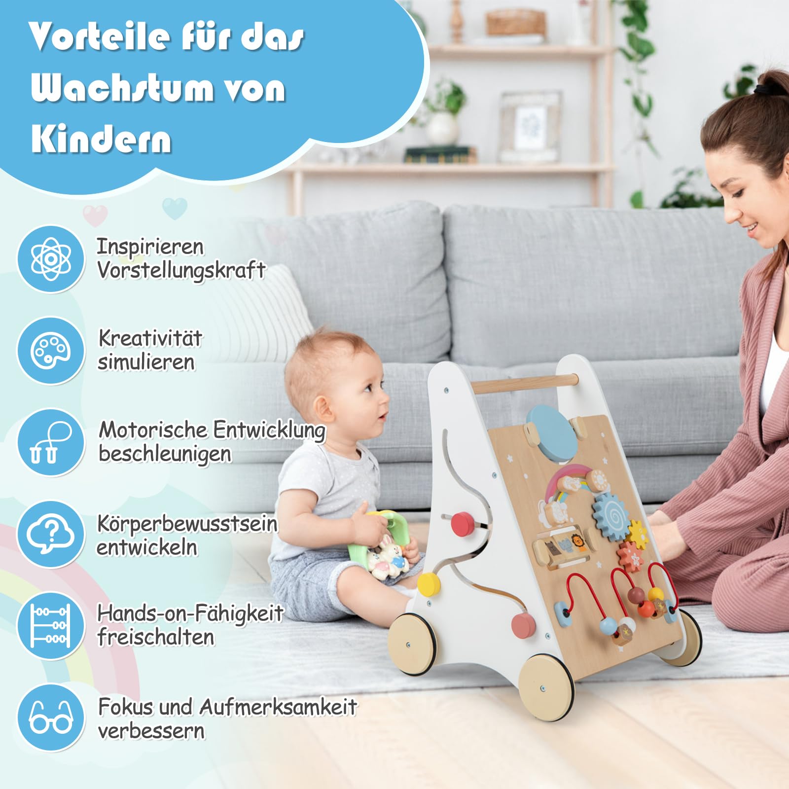 GOPLUS Stabile Lauflernhilfe aus Holz, Multifunktionaler Lauflernwagen mit mehreren Spieleinstellungen & Ablage, Lernspielzeug Gehhilfe mit Gummirädern & Griff, für Kinder ab 3 Jahren Alt (Modell 4)