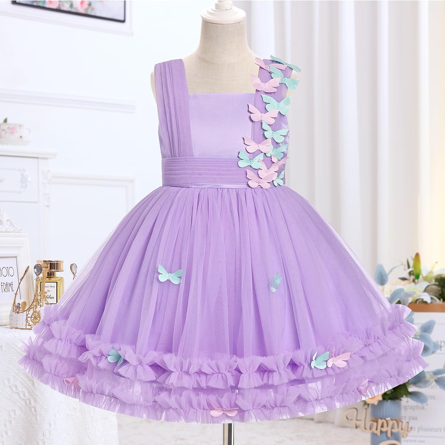 IDOPIP Toddler Girls Butterfly Birthday Dress Ruffle Tulle Flower Girl Wedding Pageant Formal Party Dress for Photo Shoot 1-6
