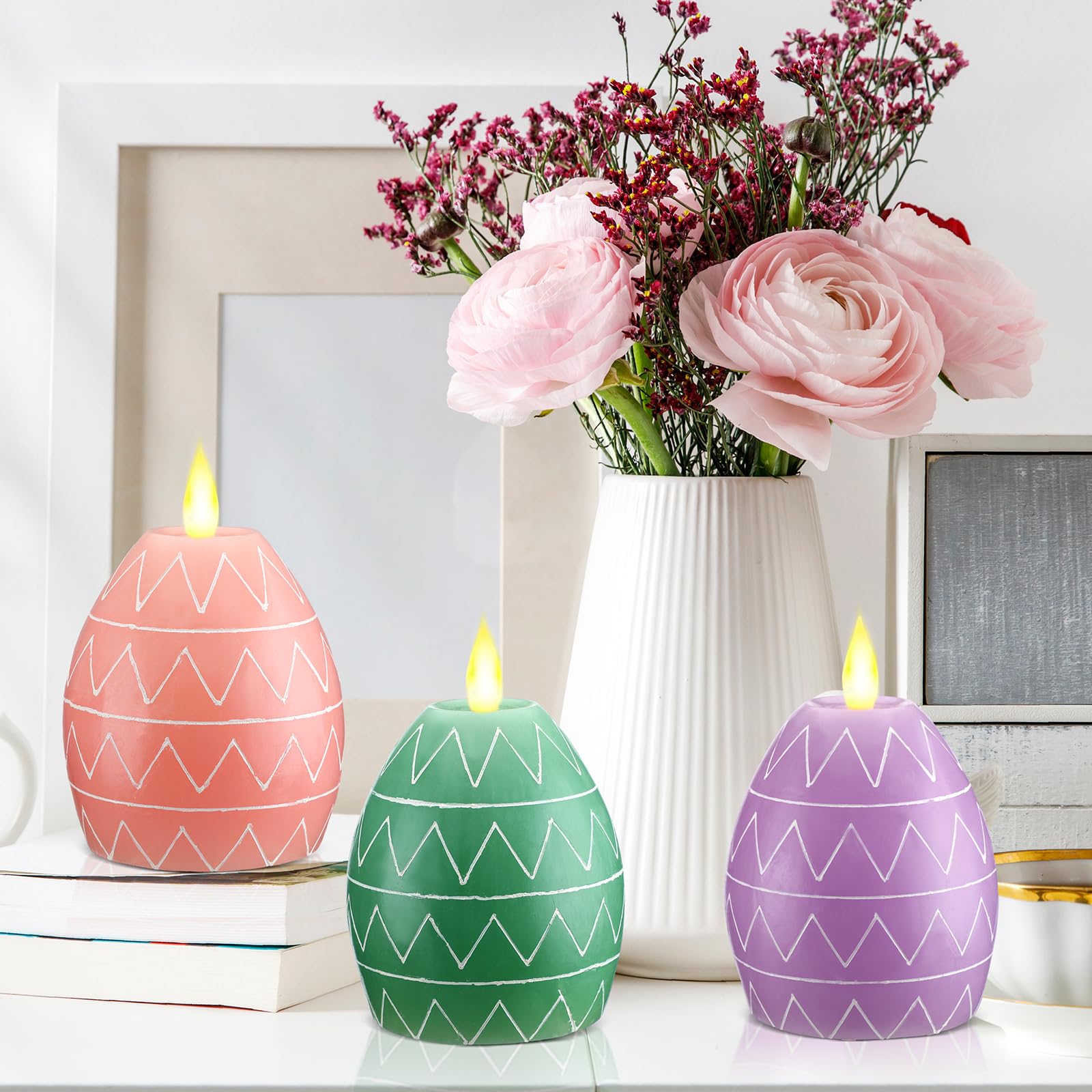 MTLEE 3 Pcs Easter Flameless Candles Egg Figural Flameless Candle Egg LED Battery Candles with Remote Timer Easter Candles for Easter Party Holiday Decoration Centerpiece (3.6" x 4.8")