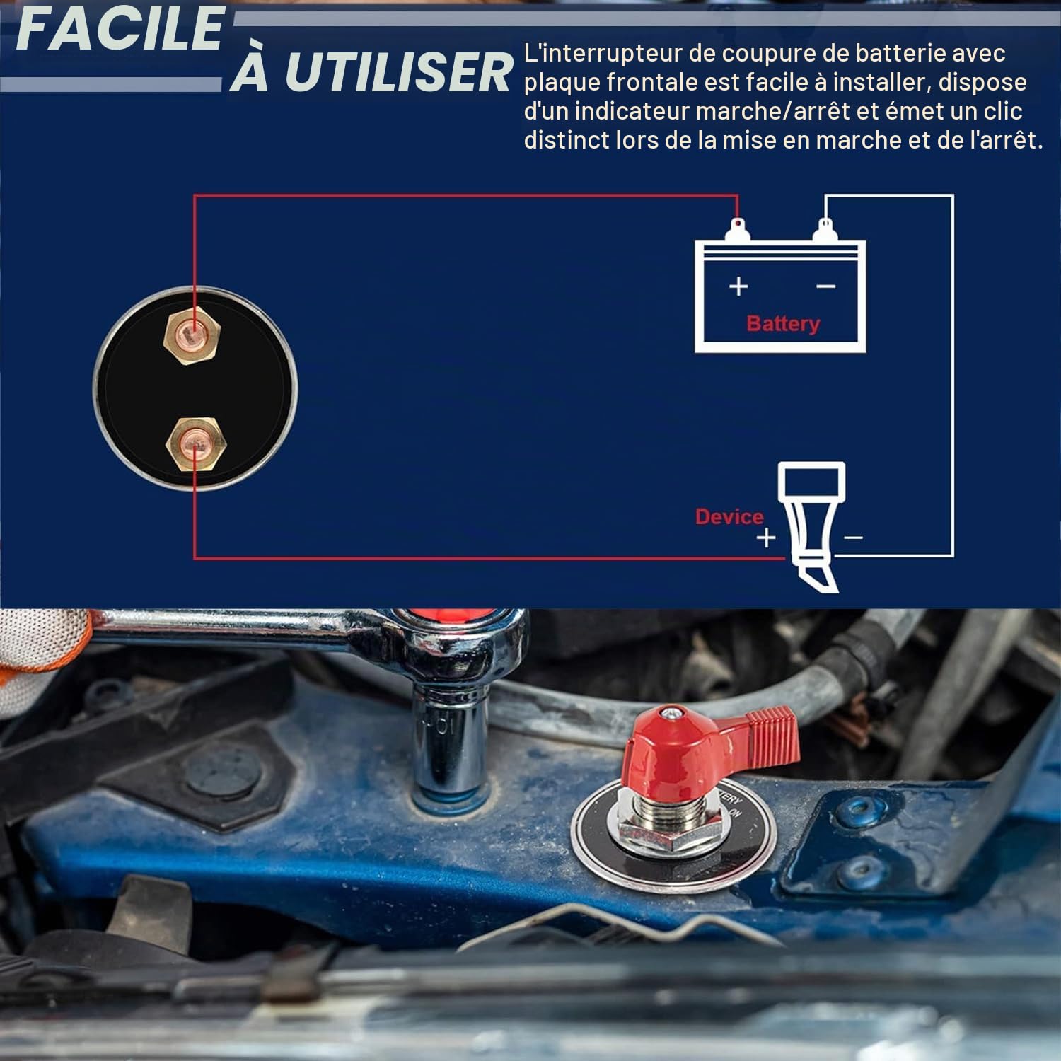 Greluma Kit de commutateur de déconnexion de batterie principal à courant élevé 300A,interrupteur de coupure de courant de batterie 12-48V avec plaque frontale pour voiture,véhicule,hors-bord marin