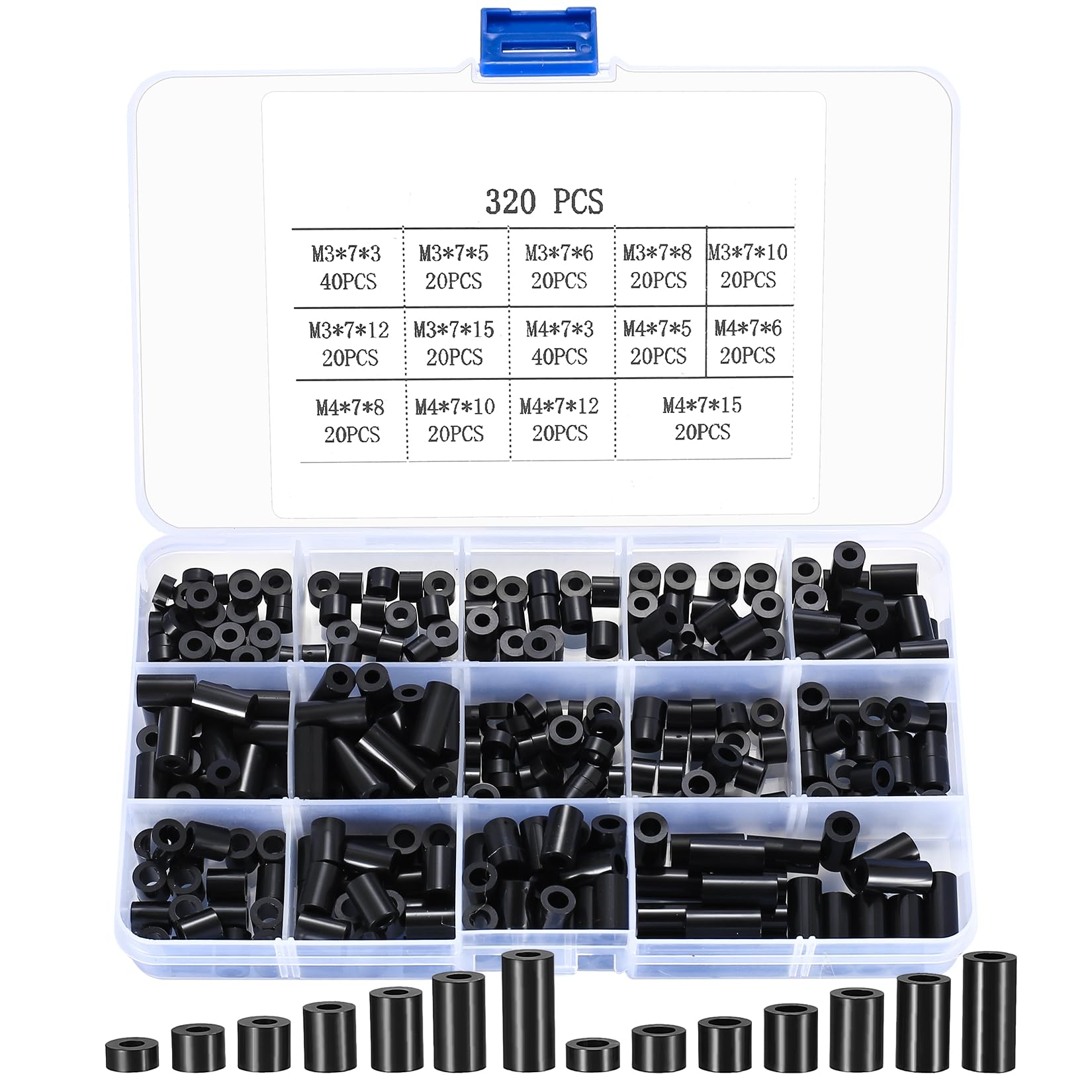 320 Pcs Nylon Round Spacers Washers Assortment Kit, Black Plastic Insulation Nylon Spacers, Non Threaded Column Standoff Spacer Washers, Column Standoff Spacers for Screws