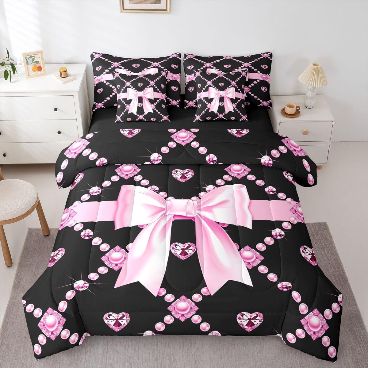 Feelyou Pink Bowknot Comforter with Sheet Set Twin Size 7 Pieces Diamond Pearl Pattern Bedding Set for Kids Boys Girls Cartoon Bow Bed in a Bag Kawaii Bow Tie Bedroom Decor