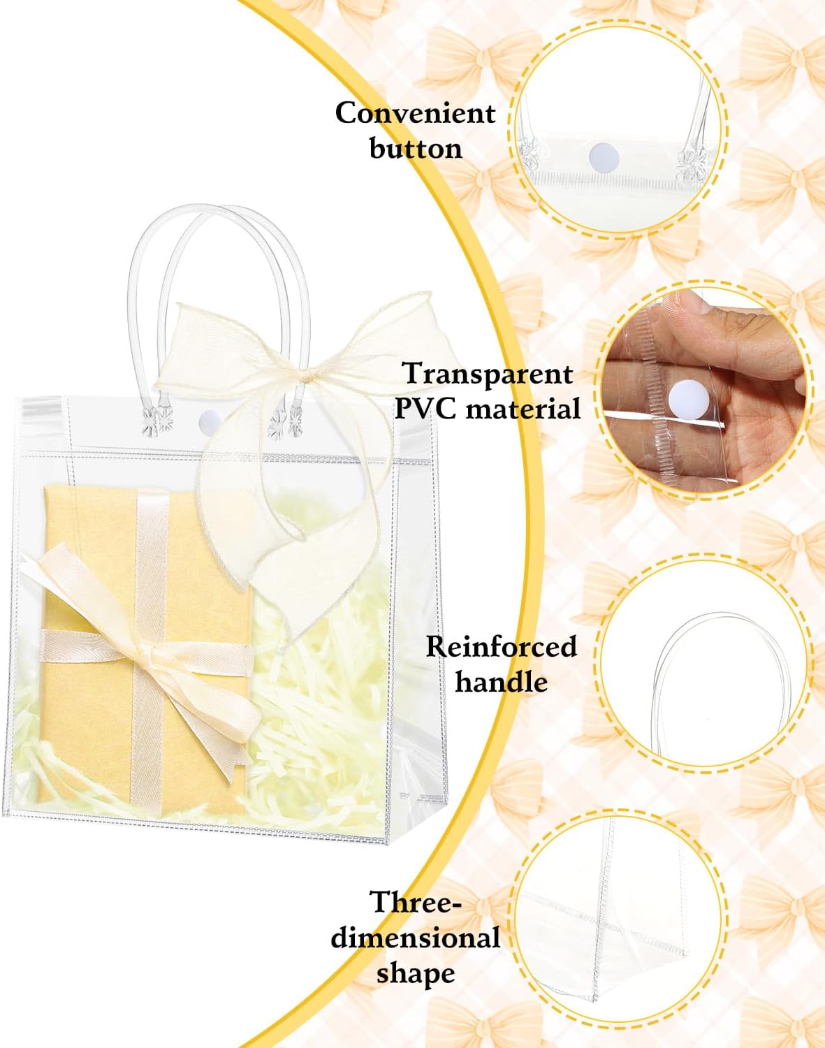 Liobelon 20 Pieces Clear Plastic Gift Bags with Handles Party Favor Bag with 10 Yard Ribbons Roll Reusable Goodie Bags Tote Bag for Wedding, Baby Shower, Birthday Party,6.3 x 5.9 x 2.76 inch,Beige - Image 4