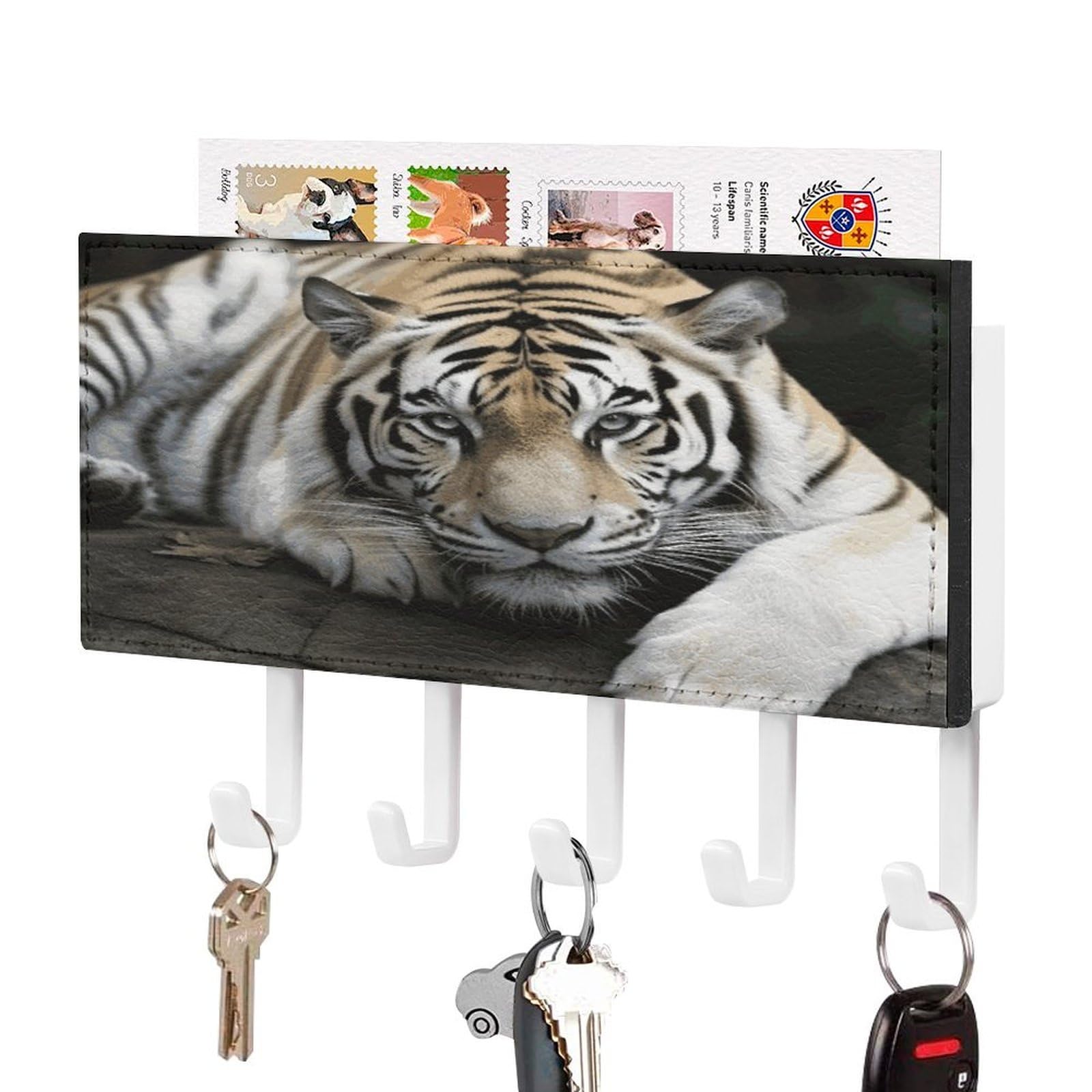 LDGSUPH Tiger Lie On Rock Key Holder Wall Mount Key Hanger with 5 Hooks Fashion Key Organizer Rack Hanging Key Hooks with Mail Organizer Key Rack for Home Entryway Hallway White-Style