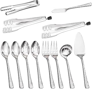 12 Piece Serving Utensils Set, 18/10 Stainless Steel Hostess Utensils | Hammered Mirror Polished, Dishwasher Safe, Slotted Spoon, Tong, Fork, Ladle, Cake Server, Butter Kinfe for Wedding, Party